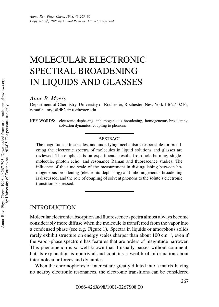MOLECULAR ELECTRONIC SPECTRAL BROADENING IN LIQUIDS AND GLASSES by Anne B. Myers