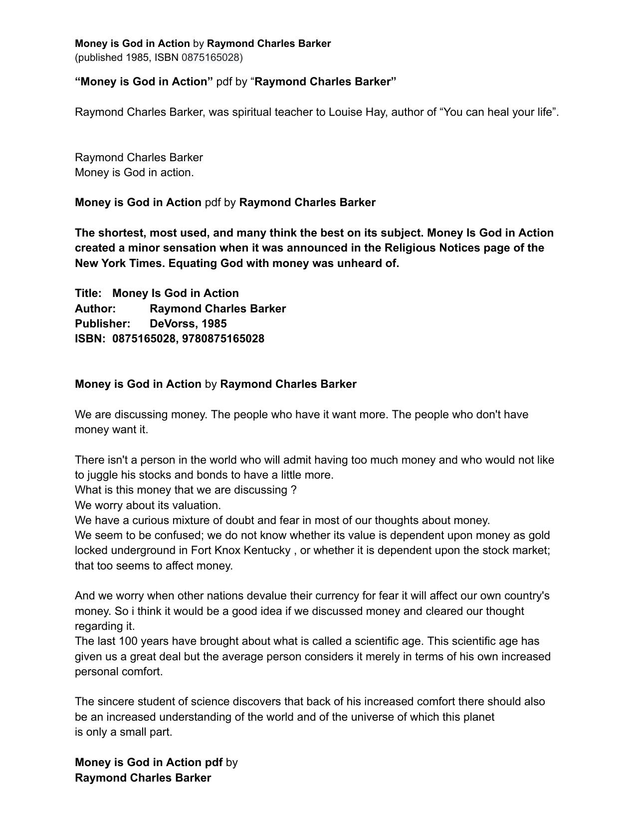 MONEY IS GOD IN ACTION pdf by Raymond Charles Barker by Raymond Charles Barker Louise Hay