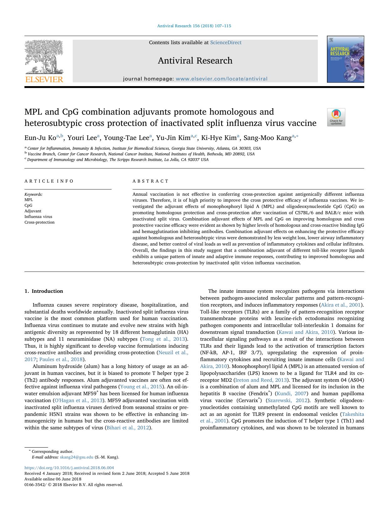 MPL and CpG combination adjuvants promote homologous and heterosubtypic cross protection of inactivated split influenza virus vaccine by Eun-Ju Ko & Youri Lee & Young-Tae Lee & Yu-Jin Kim & Ki-Hye Kim & Sang-Moo Kang