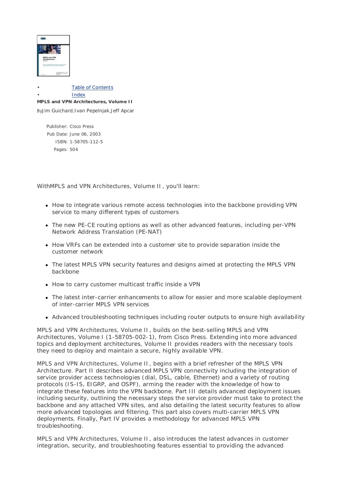 MPLS and VPN Architectures, Volume II by Jim Guichard Ivan Pepelnjak Jeff Apcar