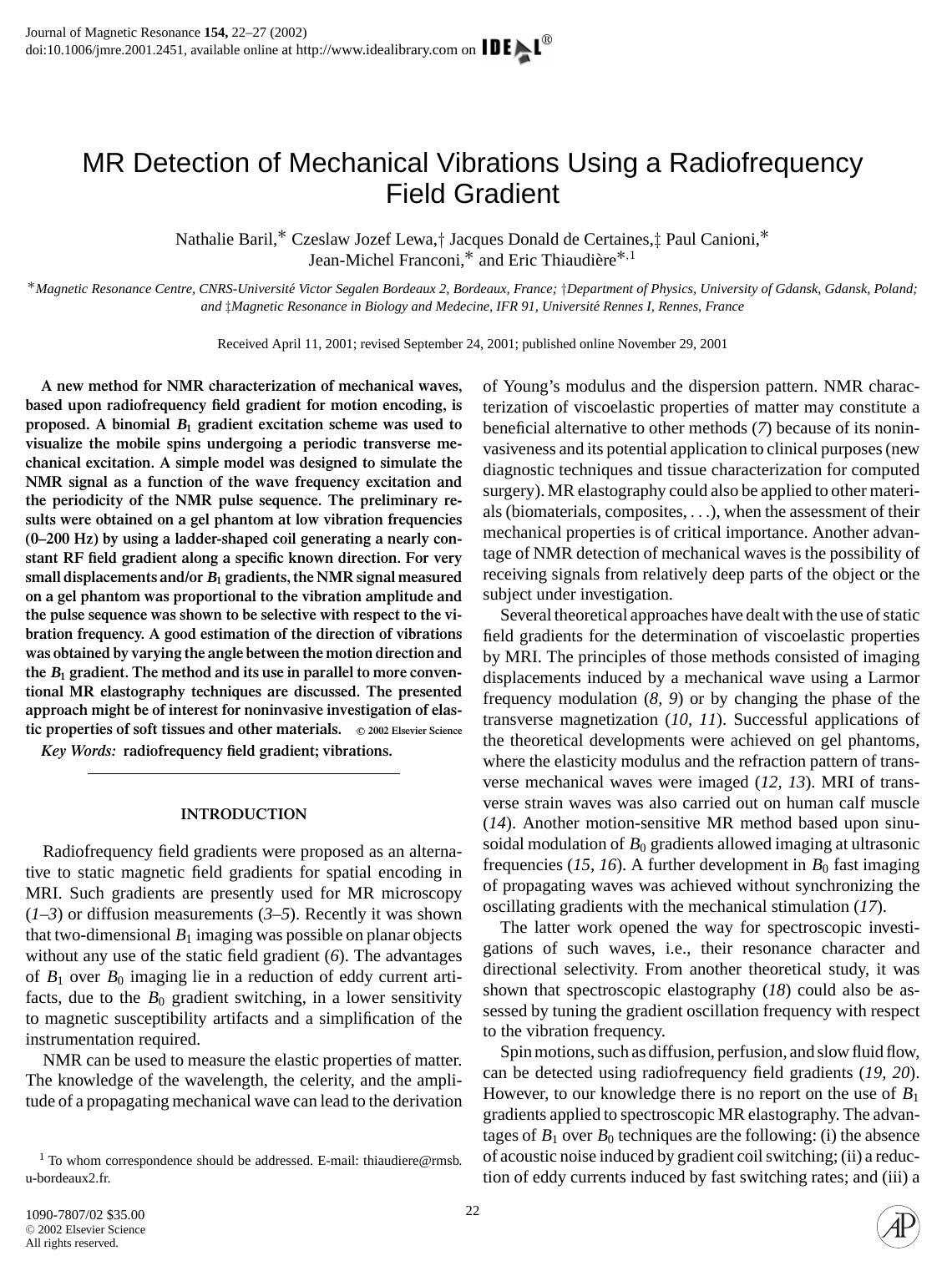 MR Detection of Mechanical Vibrations Using a Radiofrequency by Baril N. et al