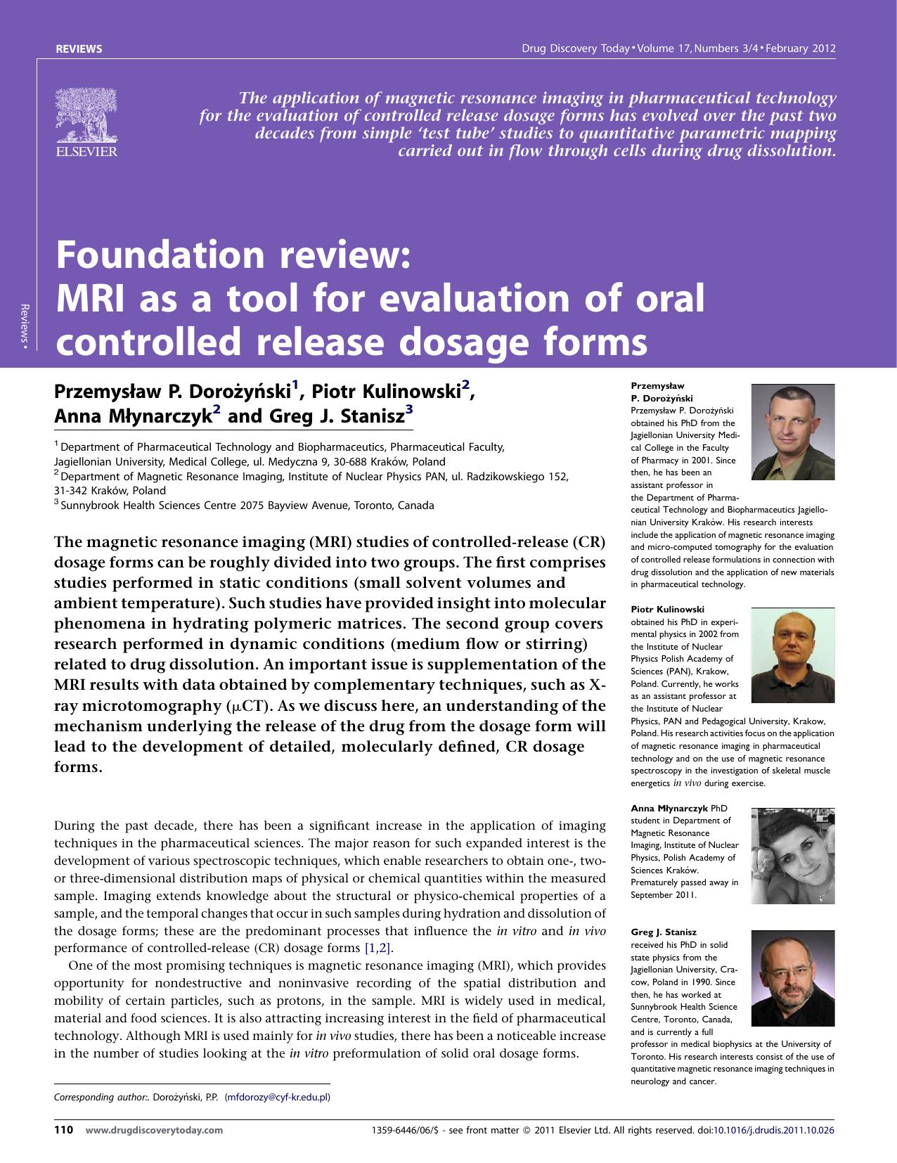 MRI as a tool for evaluation of oral controlled release dosage forms by Przemysław P. Dorożyński