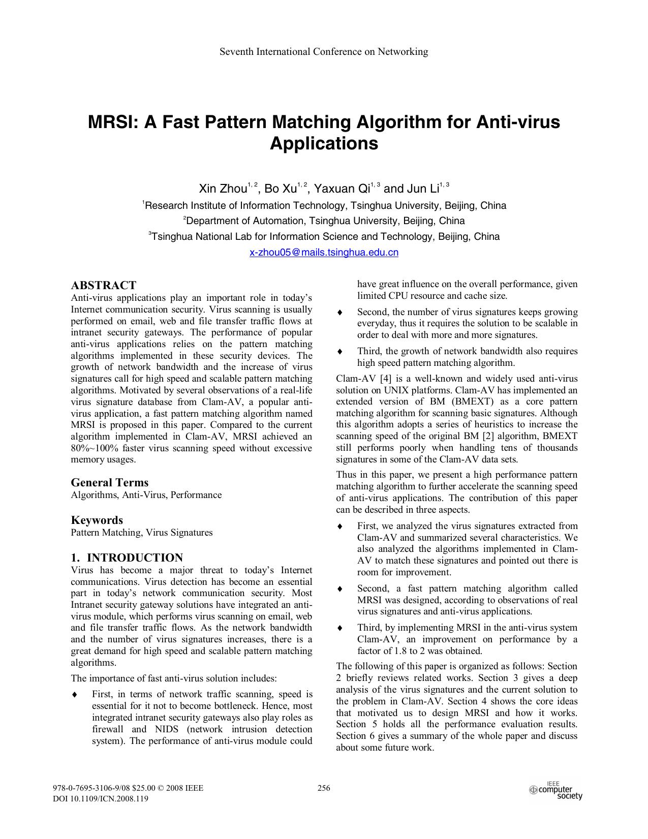 MRSI: A Fast Pattern Matching Algorithm for Anti-virus Applications by Xin Zhou Bo Xu Yaxuan Qi1 Jun Li