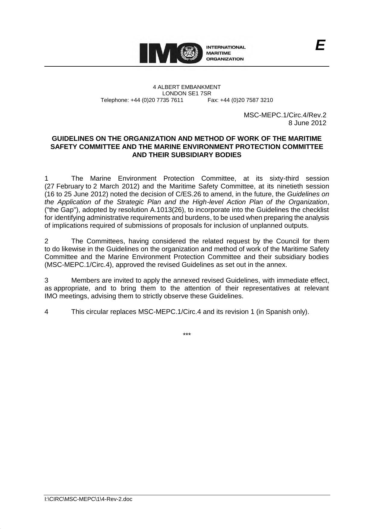 MSC-MEPC.1Circ.4Rev.2 - Guidelines on the Organization and Method of Work of the Maritime Safety Committee and the Marine Environment Protection Committee and Their Subsidiary Bodies by Redistributed by Regs4ships Ltd