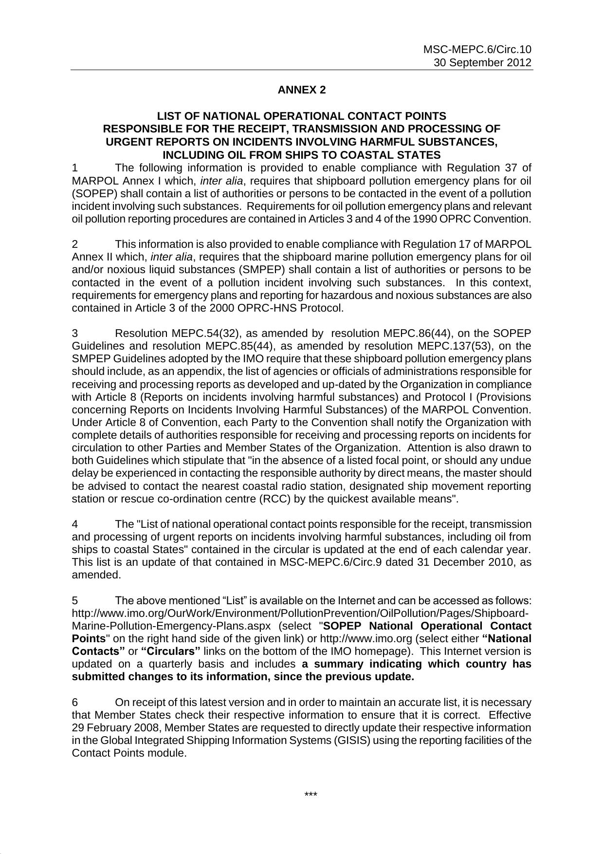 MSC-MEPC.6Circ.10 Ã­ Annex 2: National Contact Points for Safety and Pollution Prevention and Response by Redistributed by Regs4ships Ltd