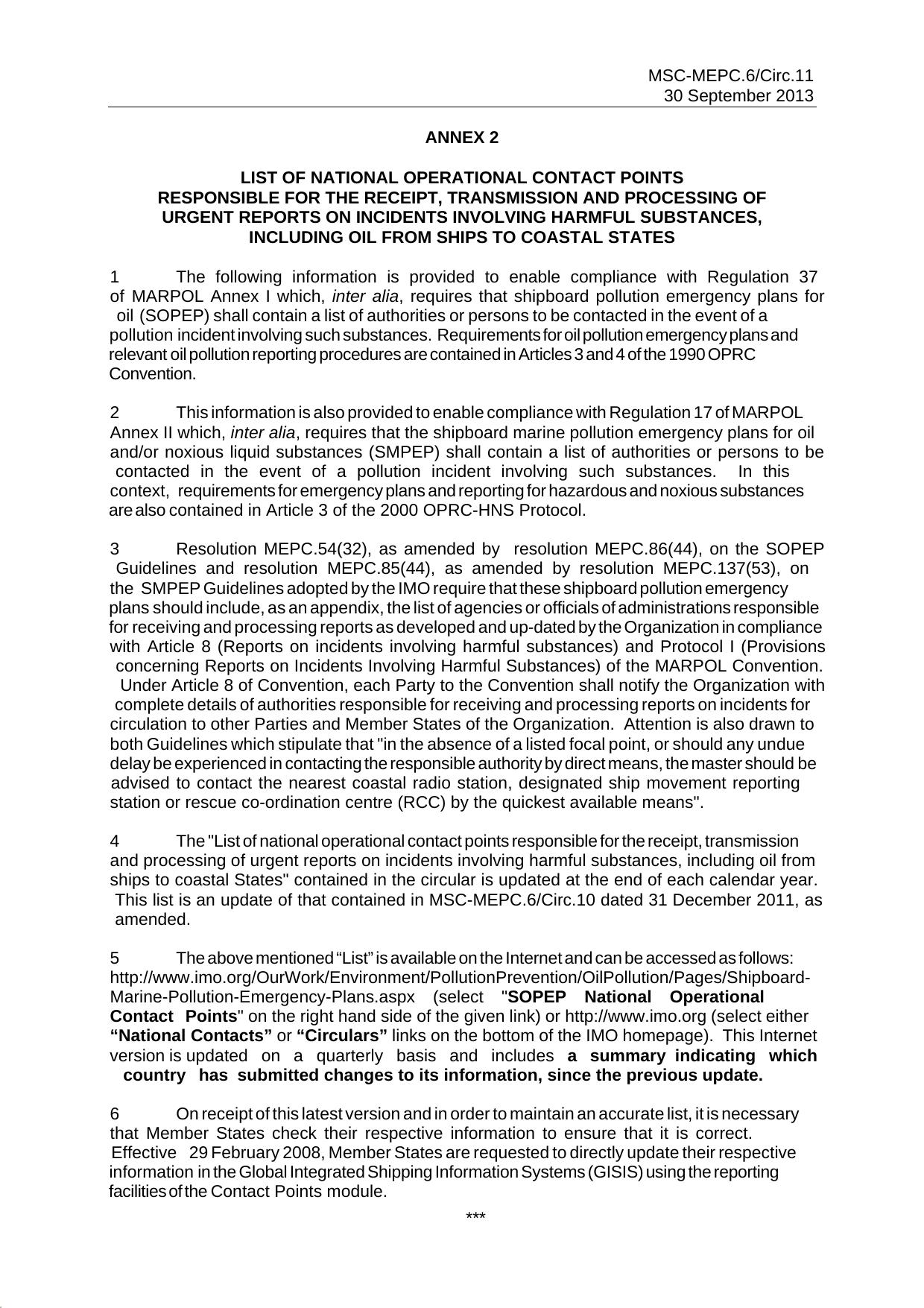 MSC-MEPC.6Circ.11 - Annex 2: National Contact Points for Safety and Pollution Prevention and Response by Redistributed by Regs4ships Ltd