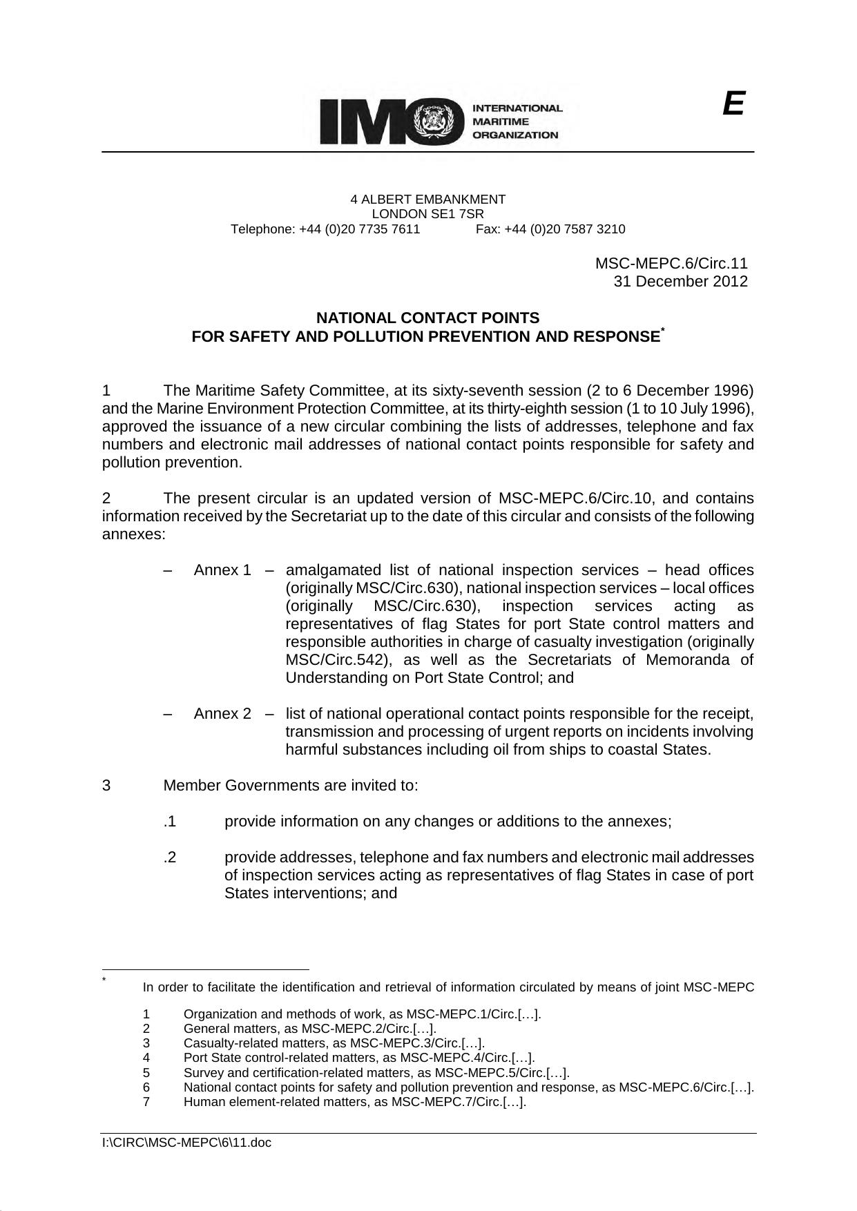 MSC-MEPC.6Circ.11 - National Contact Points for Safety and Pollution Prevention and Response by Redistributed by Regs4ships Ltd