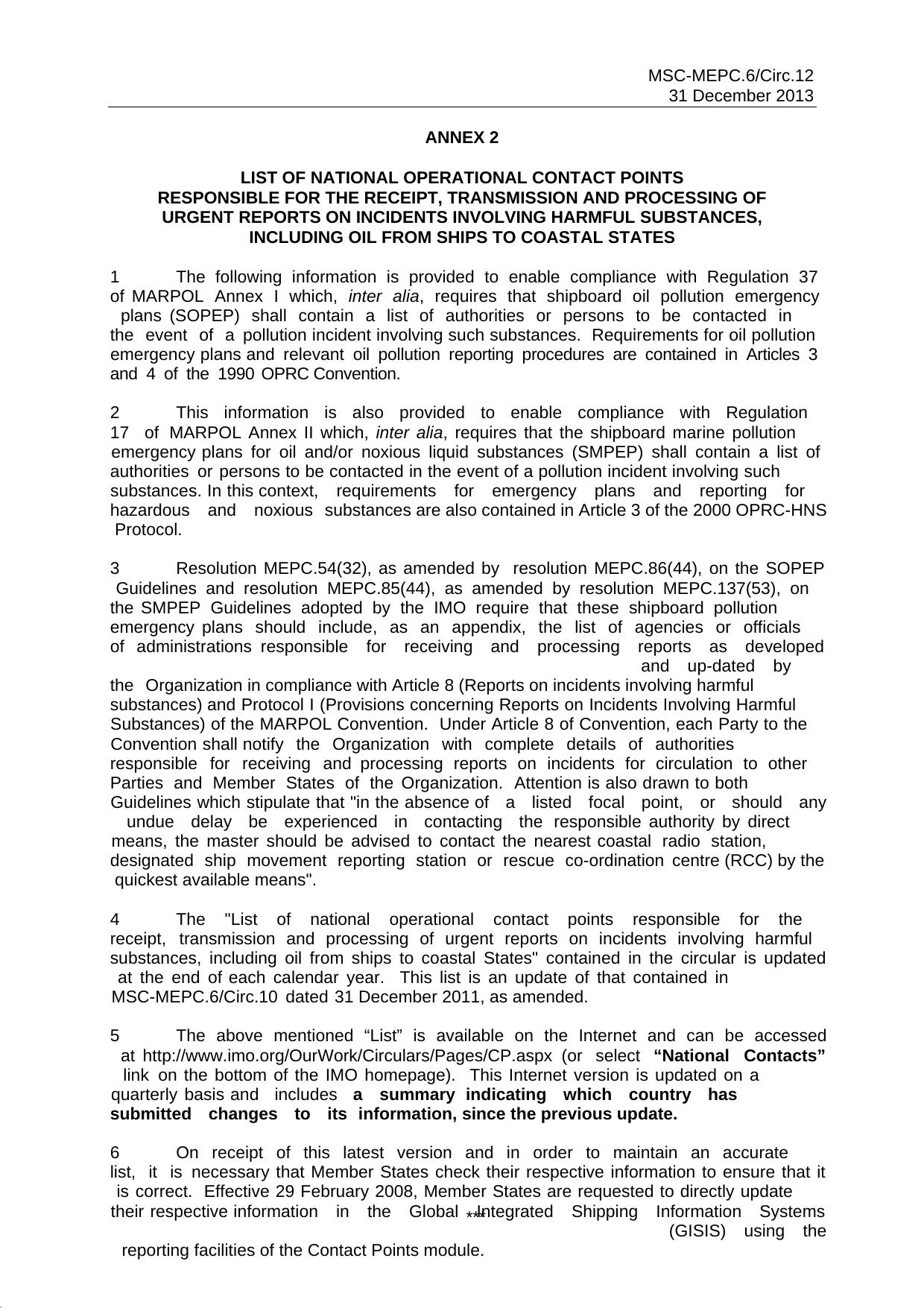 MSC-MEPC.6Circ.12 - Annex 2 (SOPEP): National Contact Points for Safety and Pollution Prevention and Response by Redistributed by Regs4ships Ltd