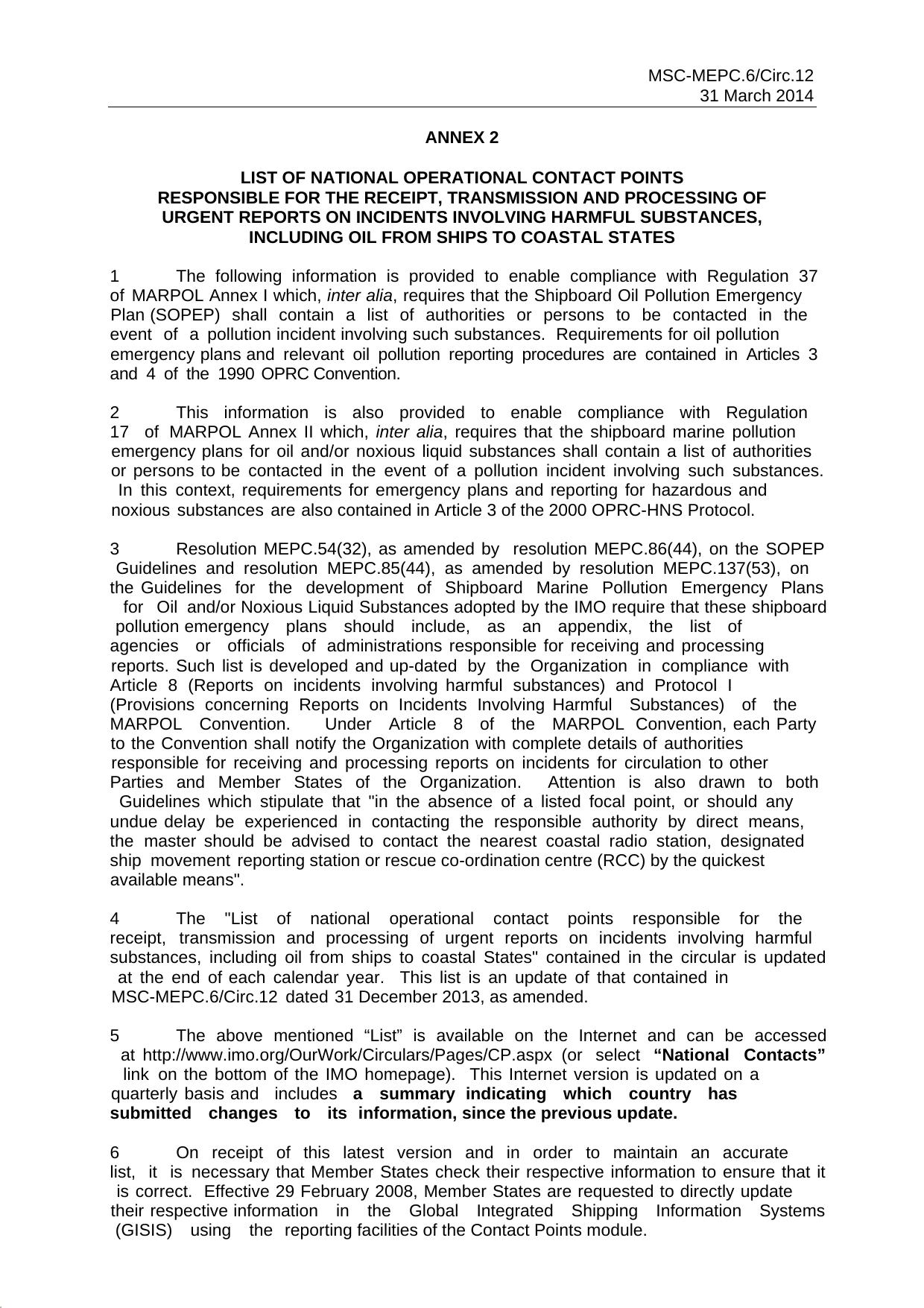 MSC-MEPC.6Circ.12 - Annex 2 (SOPEP): National Contact Points for Safety and Pollution Prevention and Response by zlin