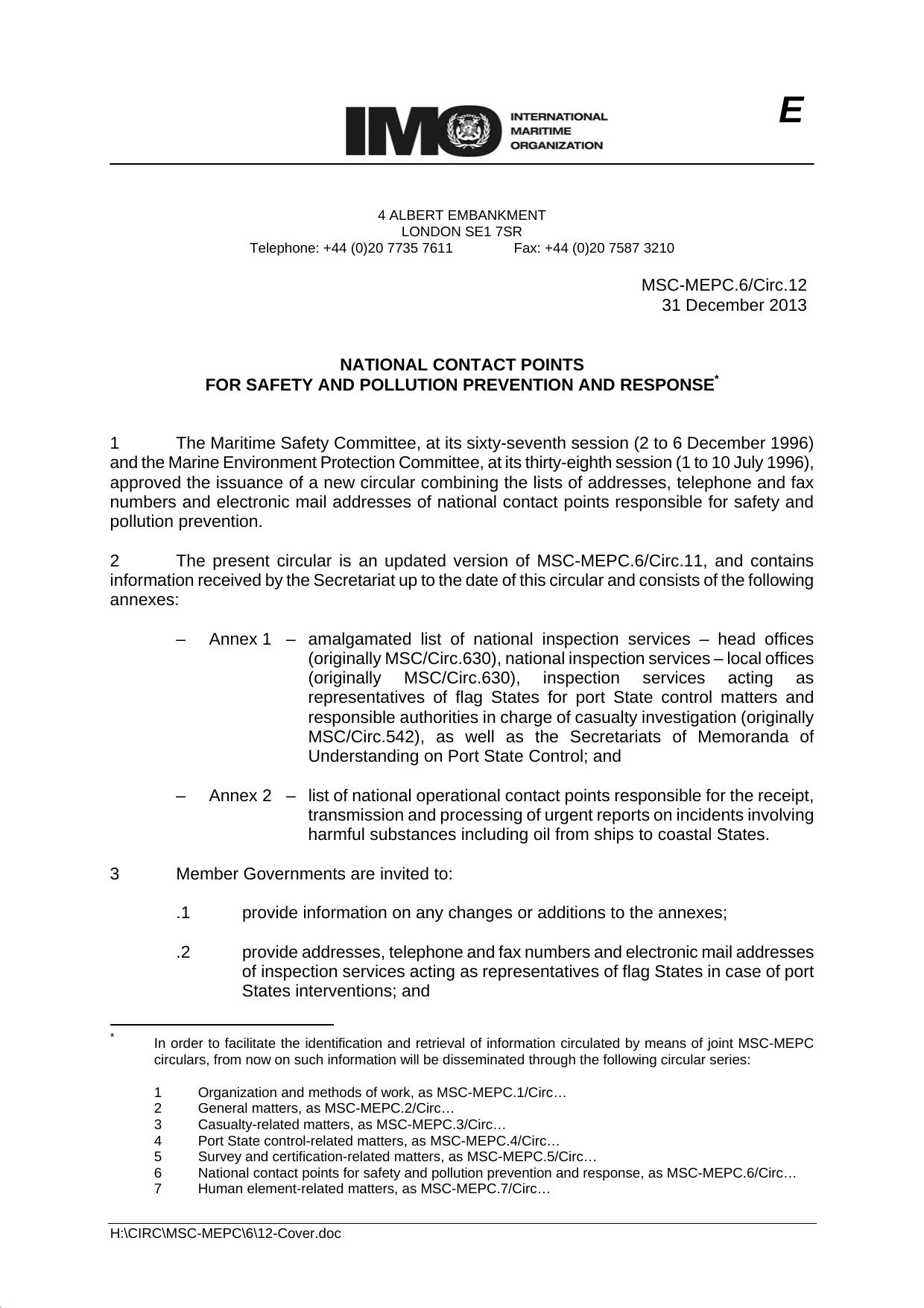 MSC-MEPC.6Circ.12 - National Contact Points for Safety and Pollution Prevention and Response by Redistributed by Regs4ships Ltd