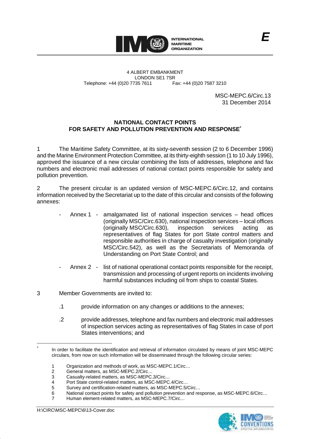 MSC-MEPC.6Circ.13 - National Contact Points For Safety And Pollution Prevention And Response by LMATEOS