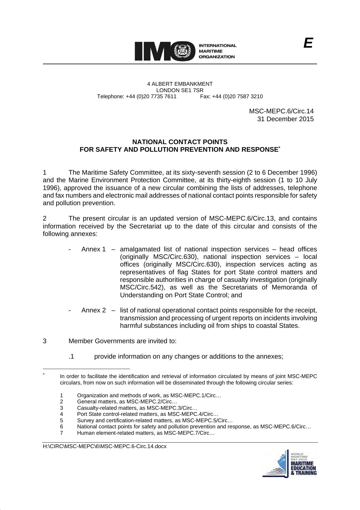 MSC-MEPC.6Circ.14 - National Contact Points for Safety and Pollution Prevention and Response by LMATEOS