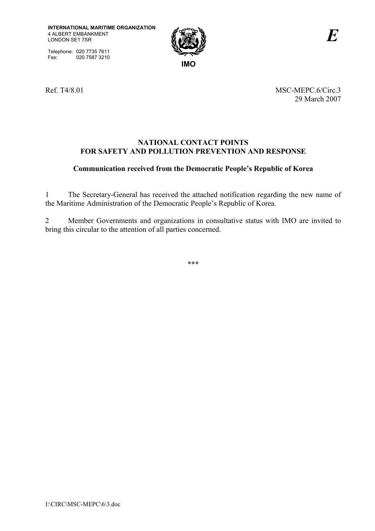 MSC-MEPC.6Circ.3 - National Contact Points for Safety and Pollution Prevention and Response - Communication received from the Democratic Peopleâs Republic of Korea by Unknown