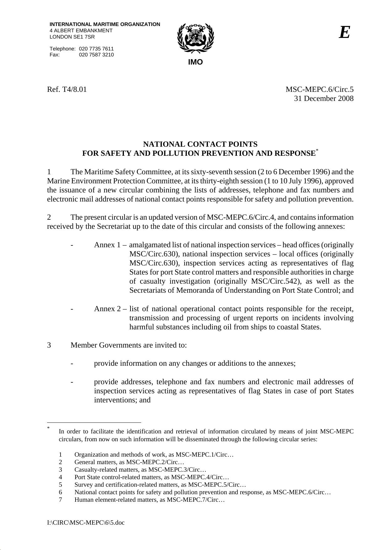 MSC-MEPC.6Circ.5 - National Contact Points - For Safety and Pollution Prevention and Response by Redistributed by Regs4ships Ltd