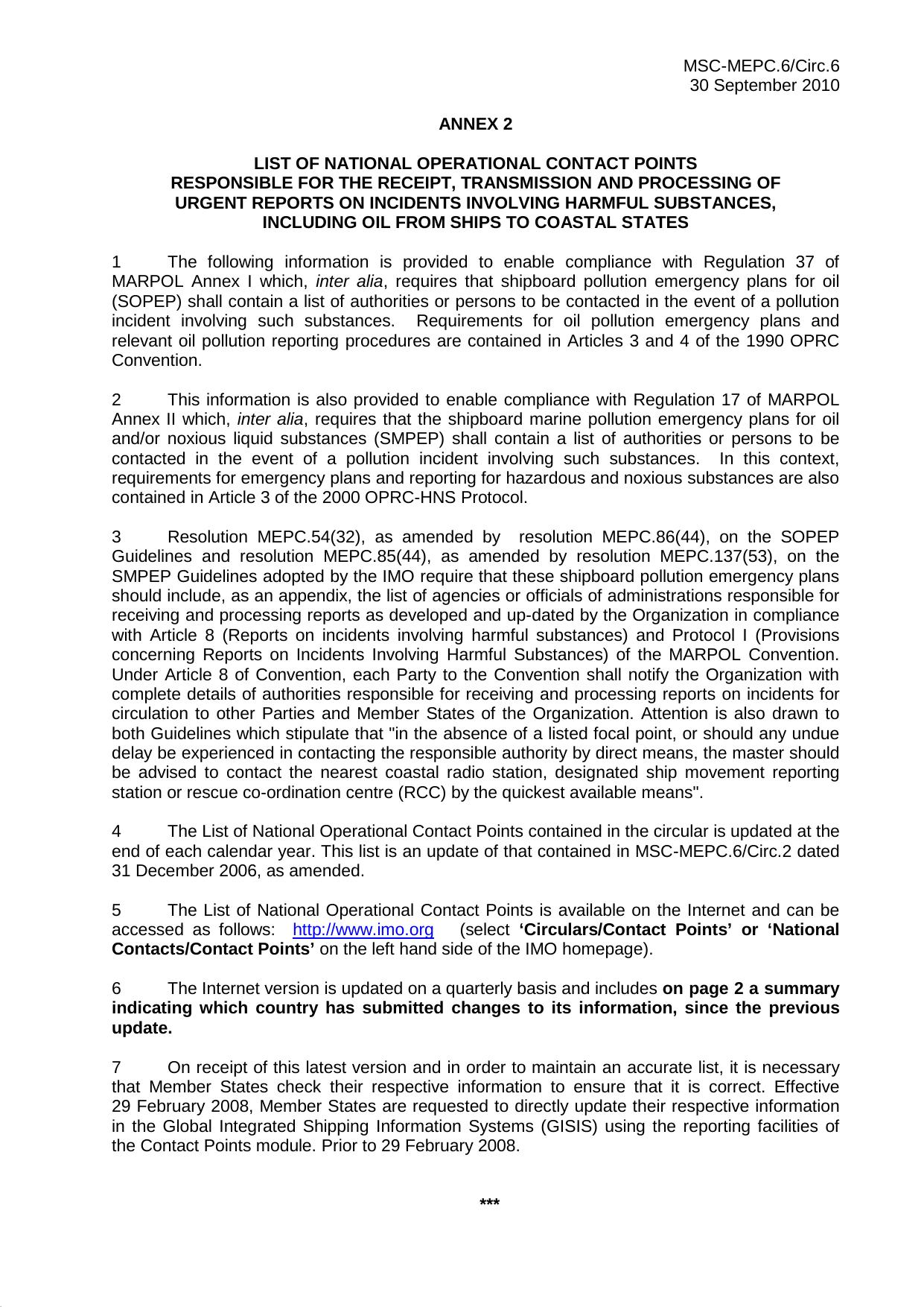 MSC-MEPC.6Circ.6 - Annex 2: List of National Operational Contact Points Responsible for the Receipt, Transmission and Processing of Urgent Reports on Incidents Involving Harmful Su by Redistributed by Regs4ships Ltd