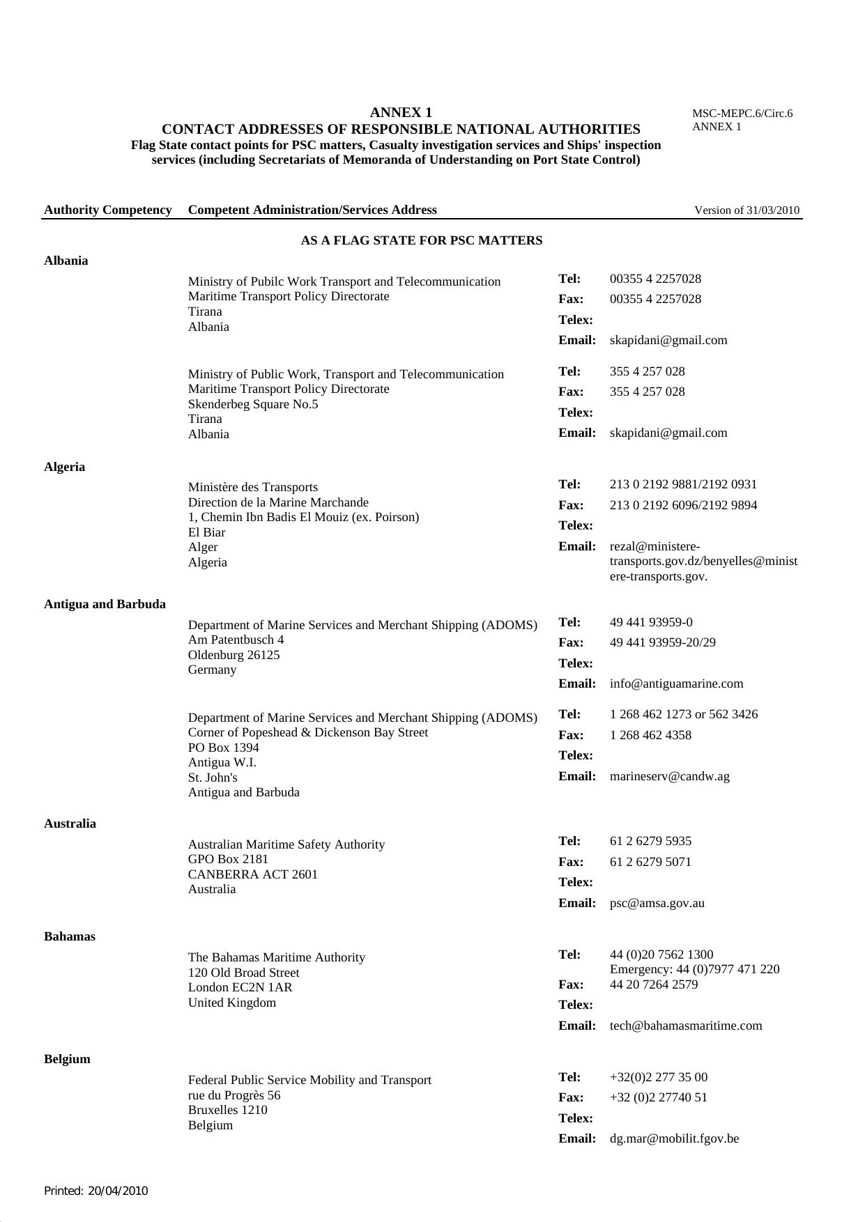 MSC-MEPC.6Circ.6 Annex I - Contact Addresses of Responsible National Authorities - Flag State Contact Points for PSC Matters, Casualty Investigation Services and Ships' Inspection by Redistributed by Regs4ships Ltd