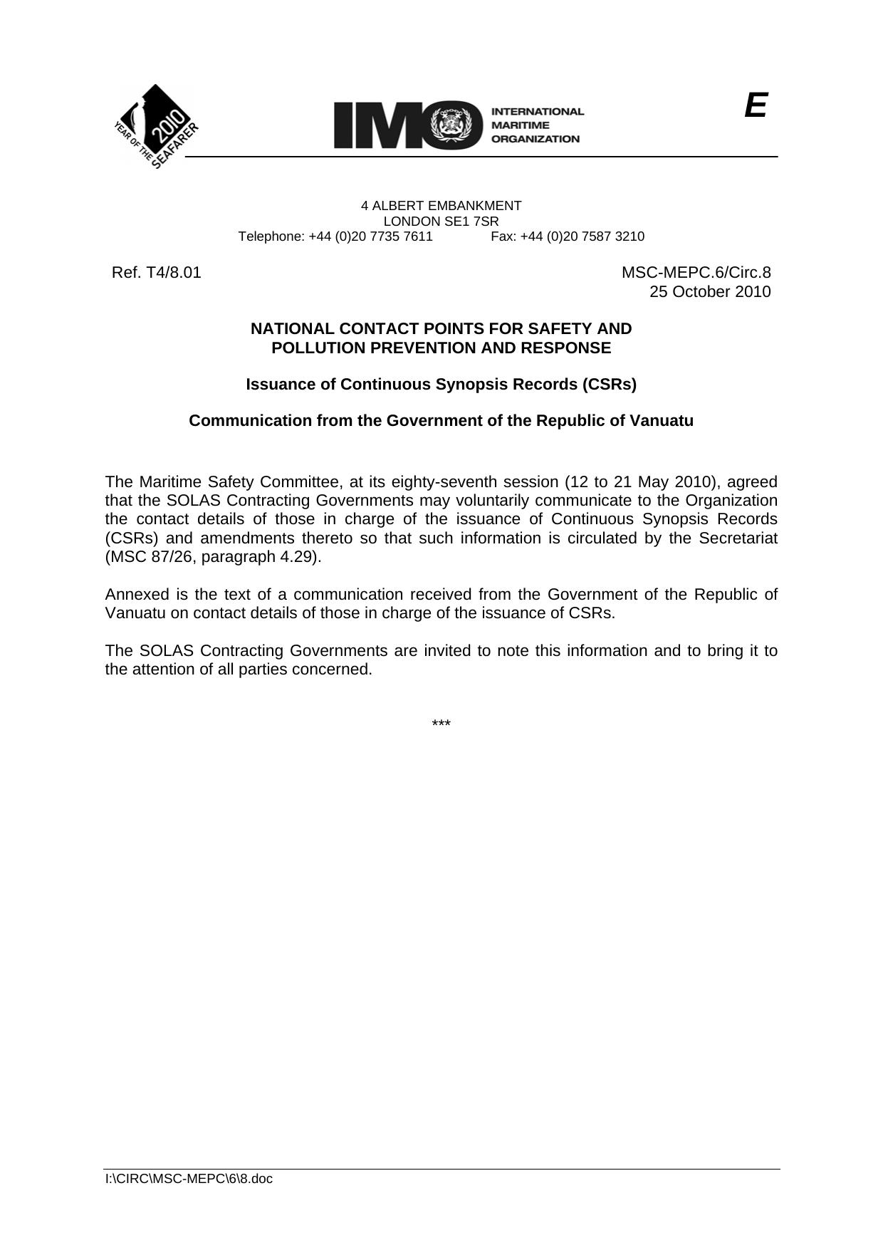 MSC-MEPC.6Circ.8 - National Contact Points for Safety and Pollution Prevention and Response - Issuance of Continuous Synopsis Records (CSRs) - Communication from the Government of by R4S