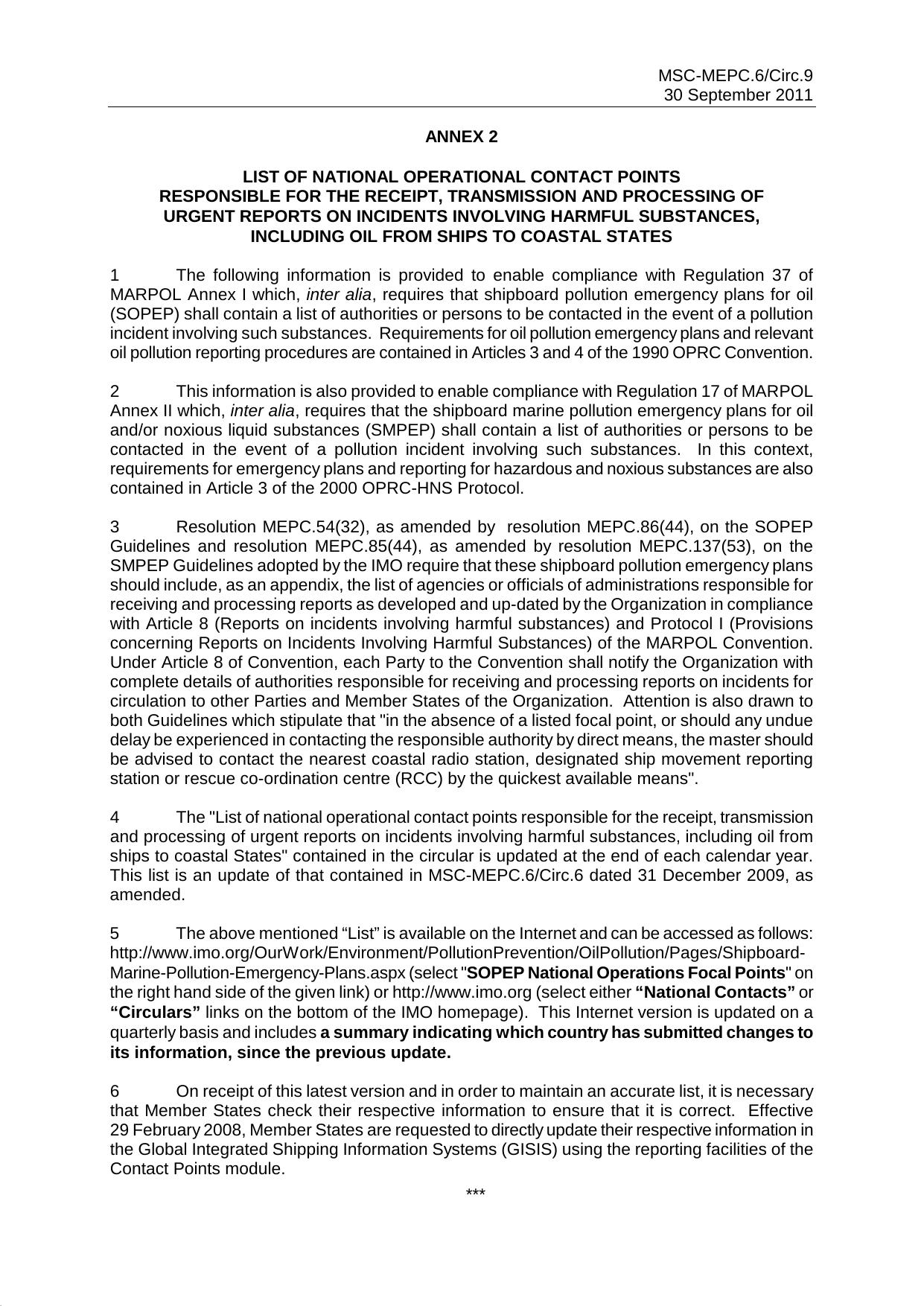 MSC-MEPC.6Circ.9 - Annex 2: List of National Operational Contact Points Responsible for the Receipt, Transmission and Processing of Urgent Reports on Incidents Involving Harmful Su by Redistributed by Regs4ships Ltd