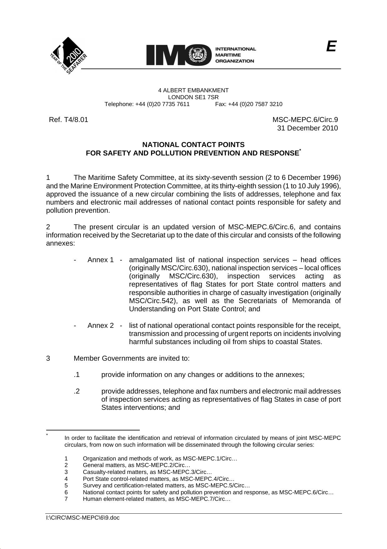 MSC-MEPC.6Circ.9 - National Contact Points for Safety and Pollution Prevention and Response by Redistributed by Regs4ships Ltd