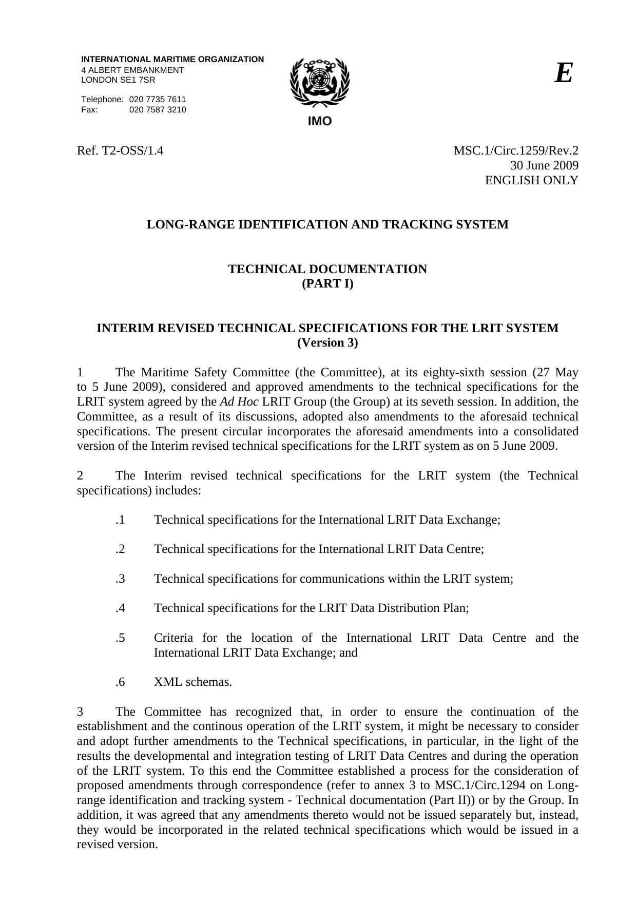 MSC.1Circ.1259Rev.2 - Long-Range Identification and Tracking System Technical Documentation - (PART I) - Interim Revised Technical Specifications for the LRIT System (Version 3) by R4S
