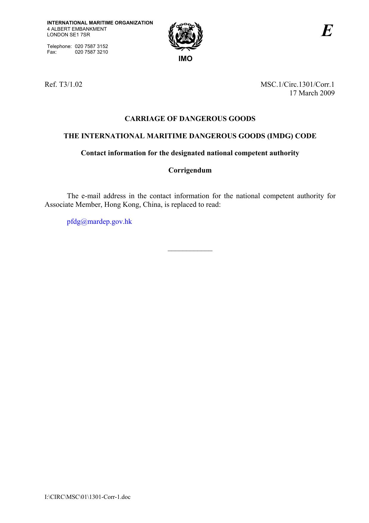 MSC.1Circ.1301 - Carriage of Dangerous Goods: The International Maritime Dangerous Goods (IMDG) Code - Contact Information for the Designated National Competent Authority - Corrigendum by R4S