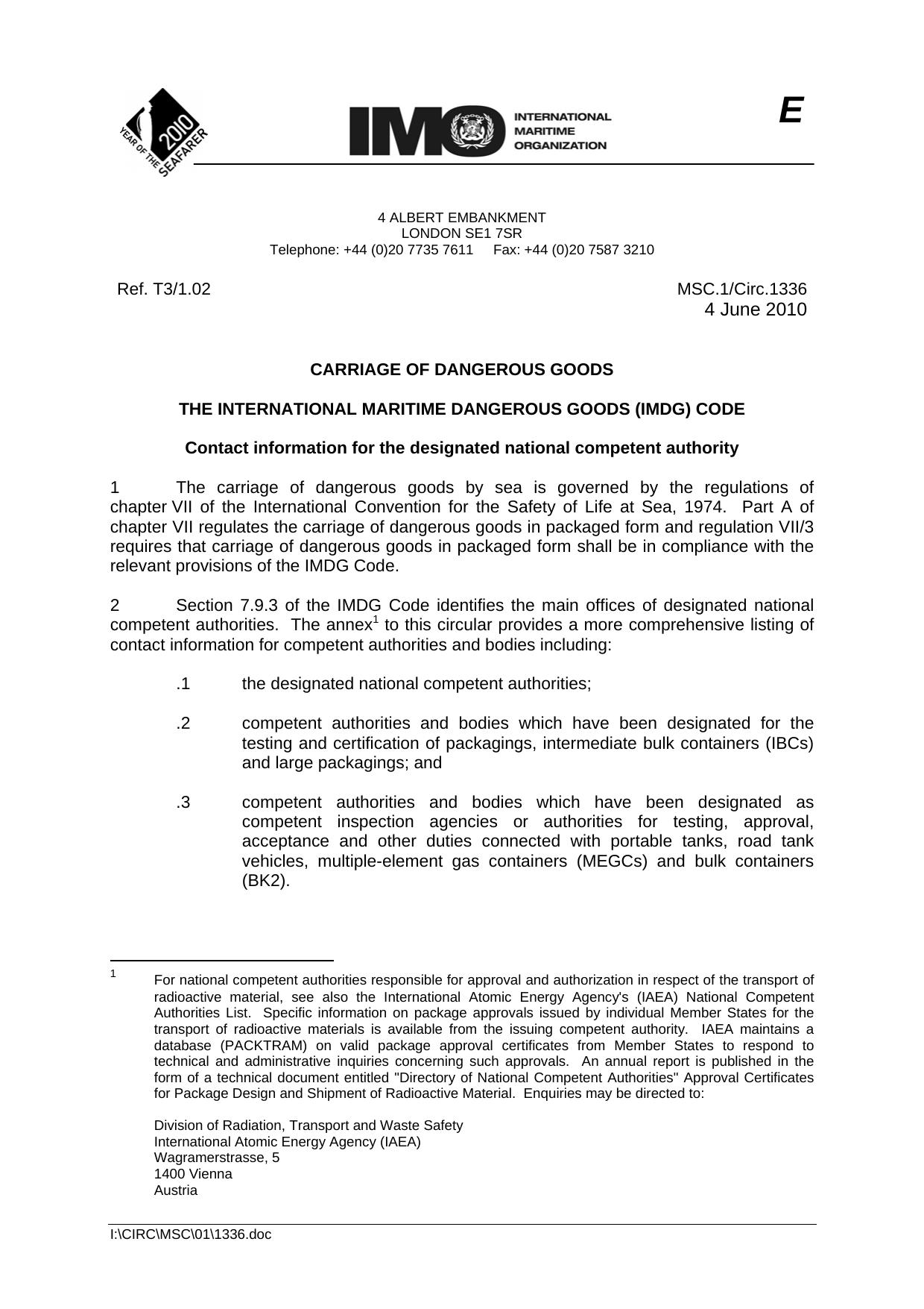 MSC.1Circ.1336 - Carriage of Dangerous Goods - The International Maritime Dangerous Goods (IMDG) Code - Contact Information for the Designated National Competent Authority by R4S