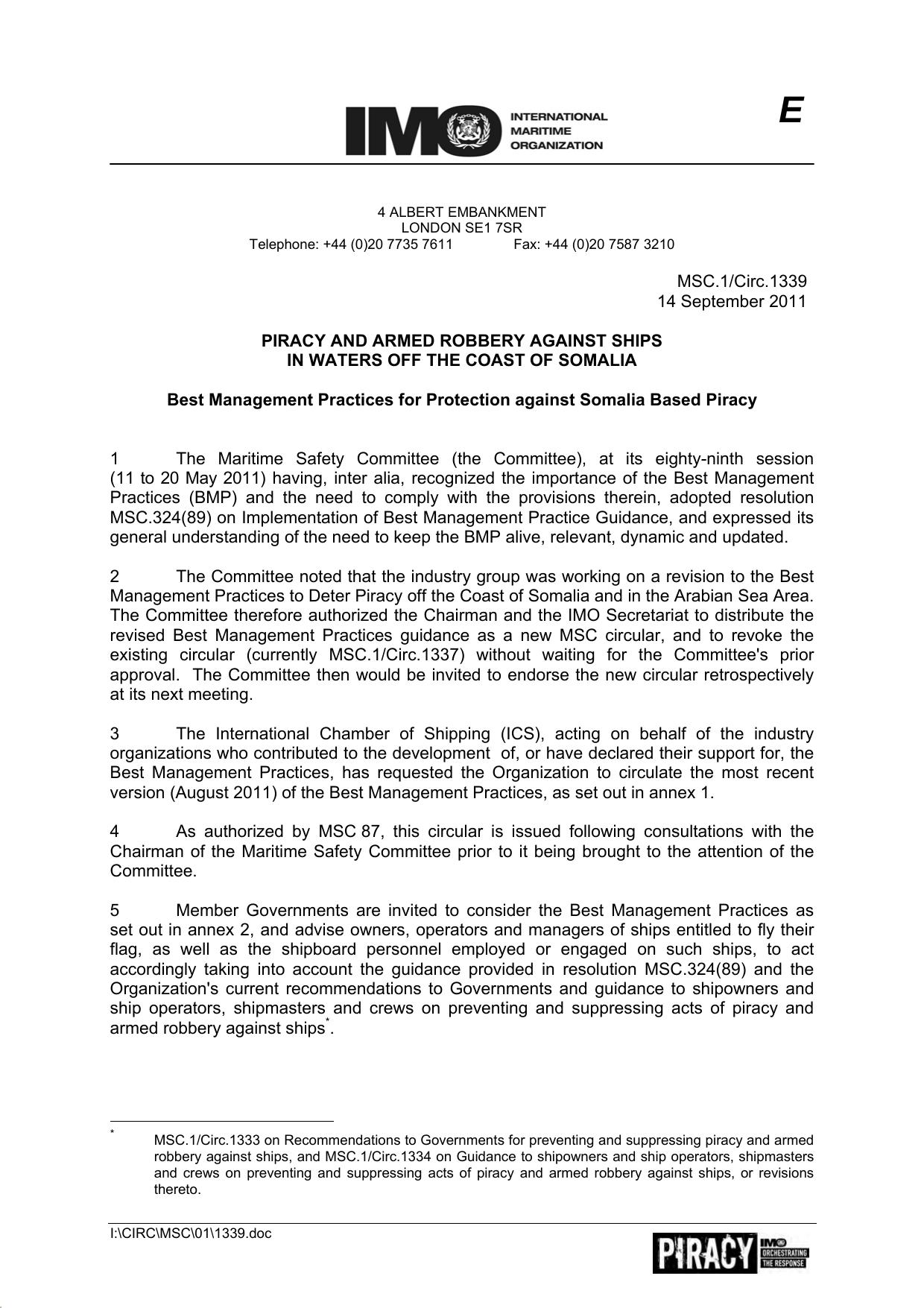 MSC.1Circ.1339 - Piracy and Armed Robbery against Ships in Waters off the Coast of Somalia - Best Management Practices for Protection against Somalia Based Piracy by Redistributed by Regs4ships Ltd
