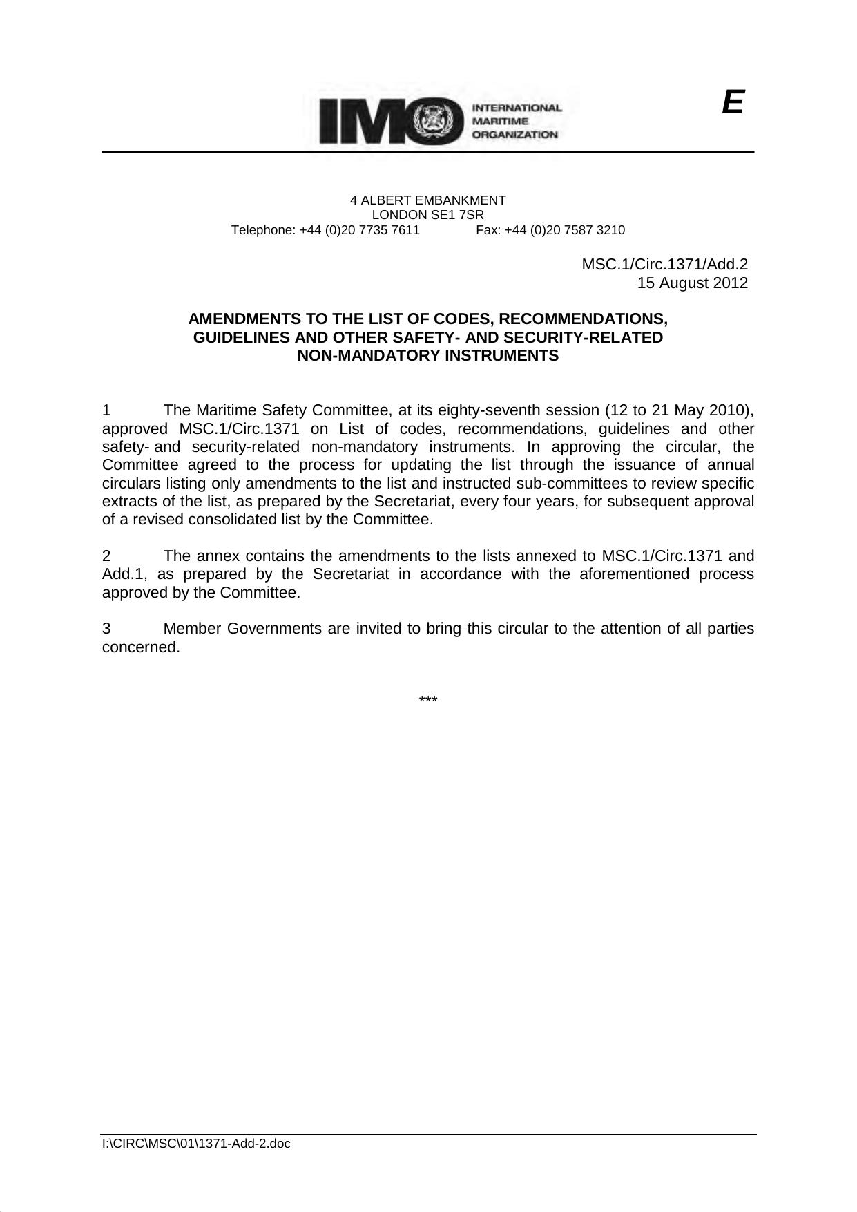 MSC.1Circ.1371Add.2 - Amendments to the List of Codes, Recommendations, Guidelines and Other Safety- and Security-Related Non-Mandatory Instruments by Redistributed by Regs4ships Ltd