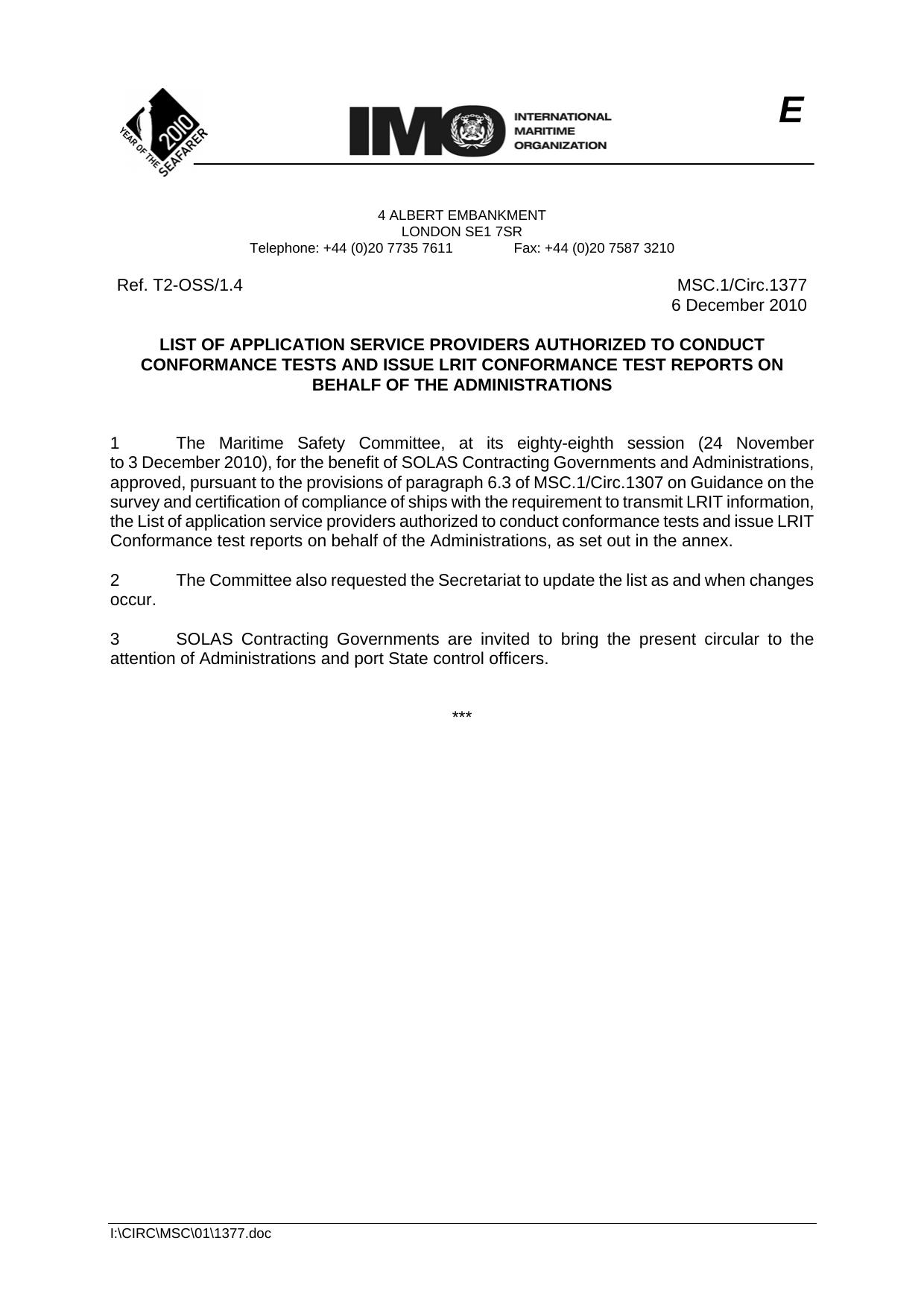 MSC.1Circ.1377 - List of Application Service Providers Authorized to Conduct Conformance Tests and Issue LRIT Conformance Test Reports on Behalf of the Administrations by R4S