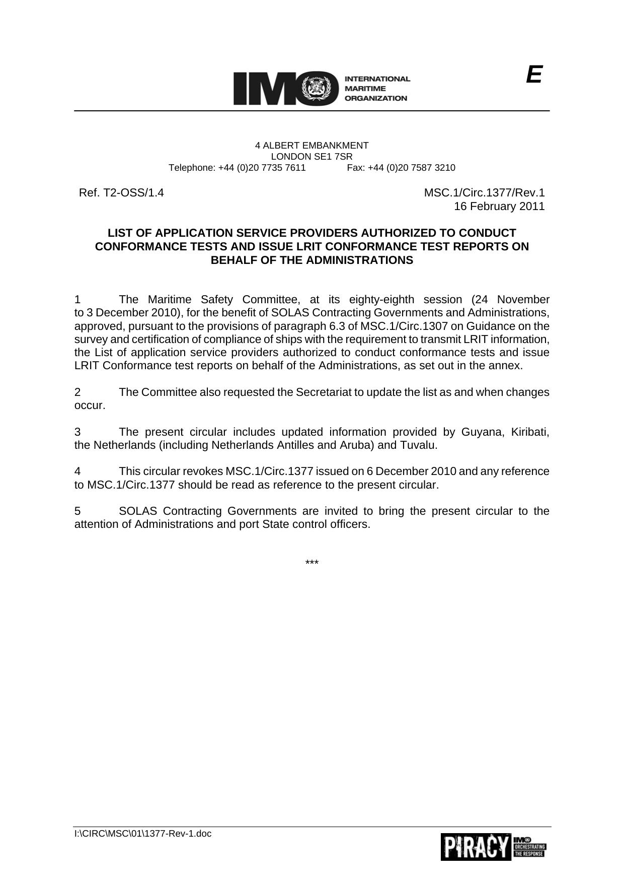 MSC.1Circ.1377Rev.1 - List of Application Service Providers Authorized to conduct Conformance Tests and Issue LRIT Conformance Test Reports on Behalf of the Administrations by R4S