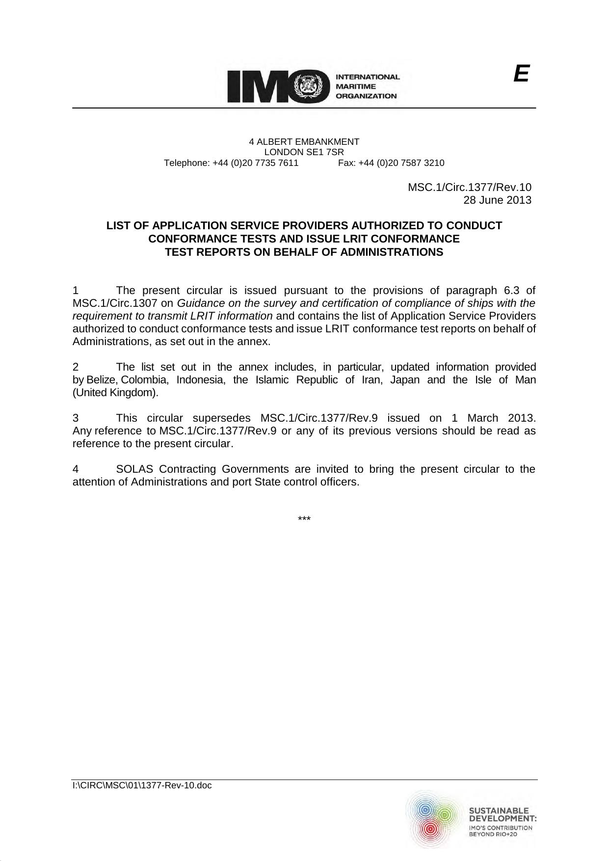 MSC.1Circ.1377Rev.10 - List of Application Service Providers Authorized to Conduct Conformance Tests and Issue LRIT Conformance Test Reports on Behalf of Administrations by Redistributed by Regs4ships Ltd