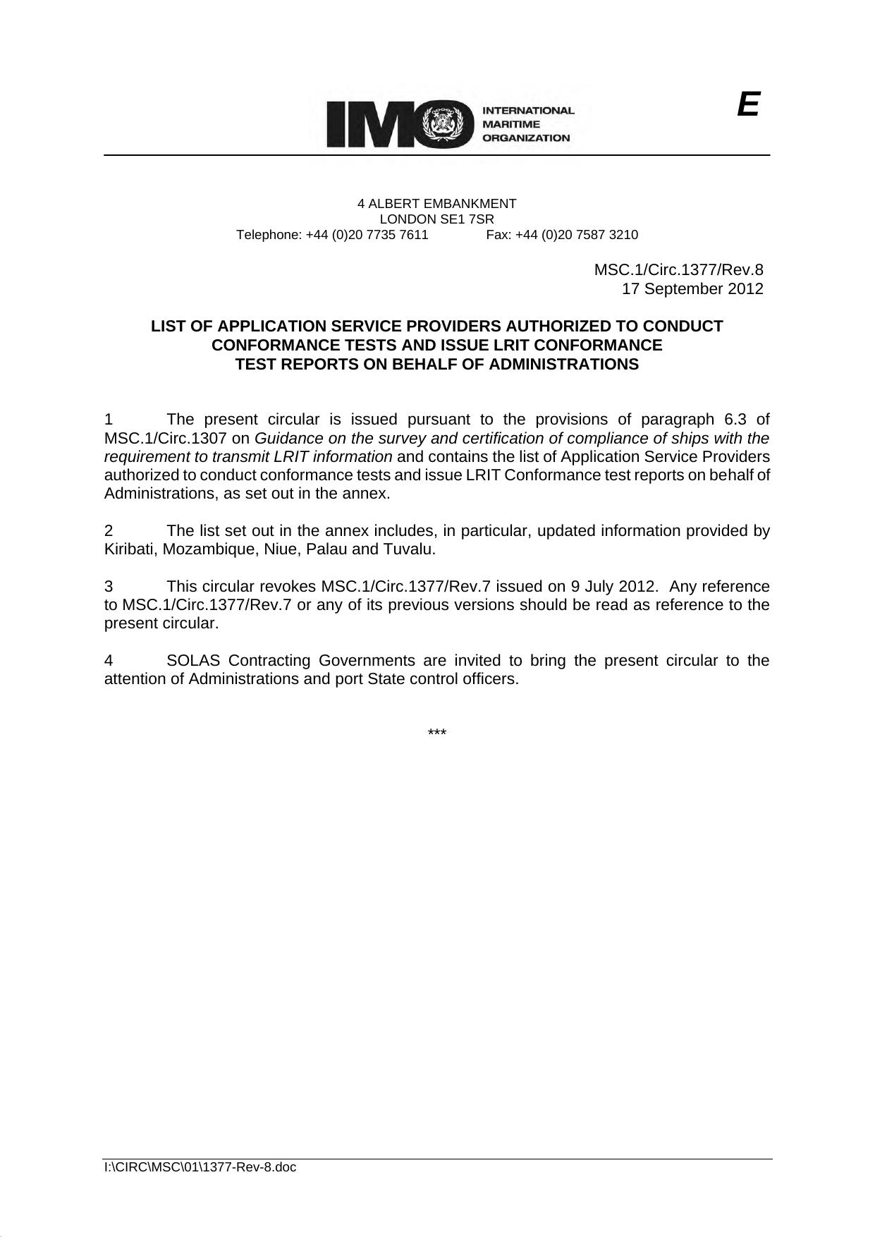 MSC.1Circ.1377Rev.8 - List of Application Service Providers Authorized to Conduct Conformance Tests and Issue LRIT Conformance Test Reports on Behalf of Administrations by Redistributed by Regs4ships Ltd