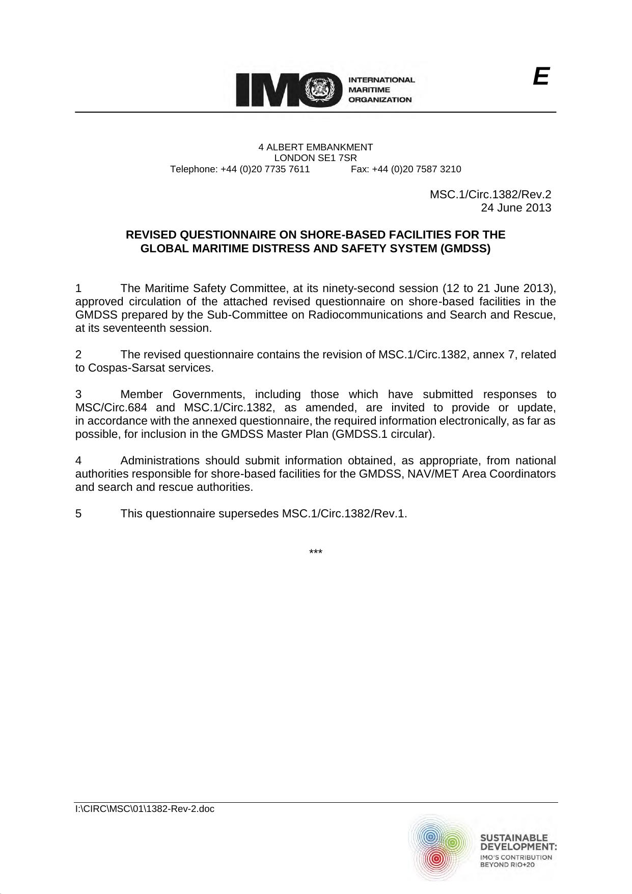 MSC.1Circ.1382Rev.2 - Revised Questionnaire on Shore-Based Facilities for the Global Maritime Distress and Safety System (GMDSS) by Redistributed by Regs4ships Ltd