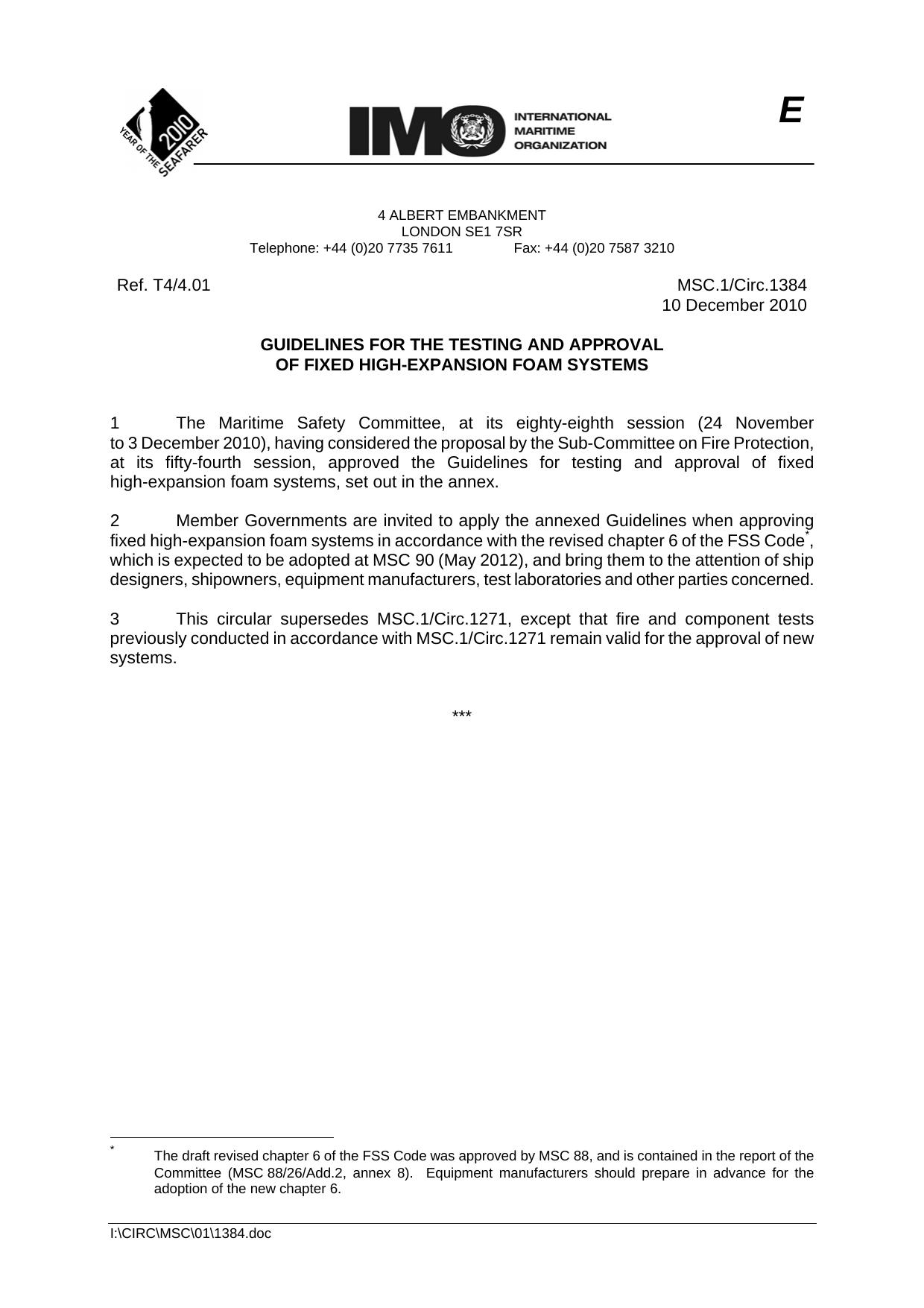 MSC.1Circ.1384 - Guidelines for the Testing and Approval of Fixed High-Expansion Foam Systems by R4S