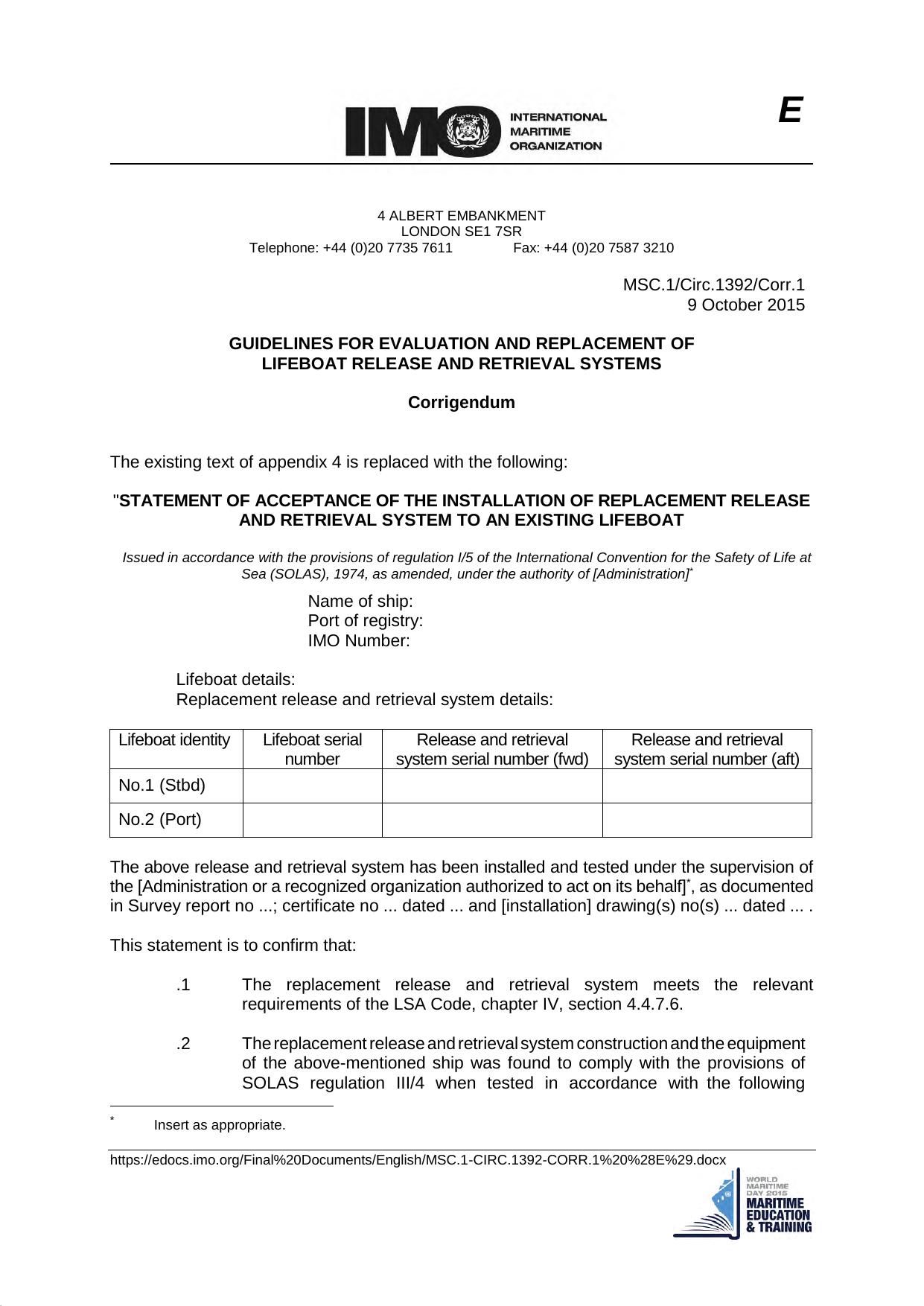 MSC.1Circ.1392Corr.1 - Guidelines for Evaluation and Replacement of Lifeboat Release and Retrieval Systems - Corrigendum by mgappoev