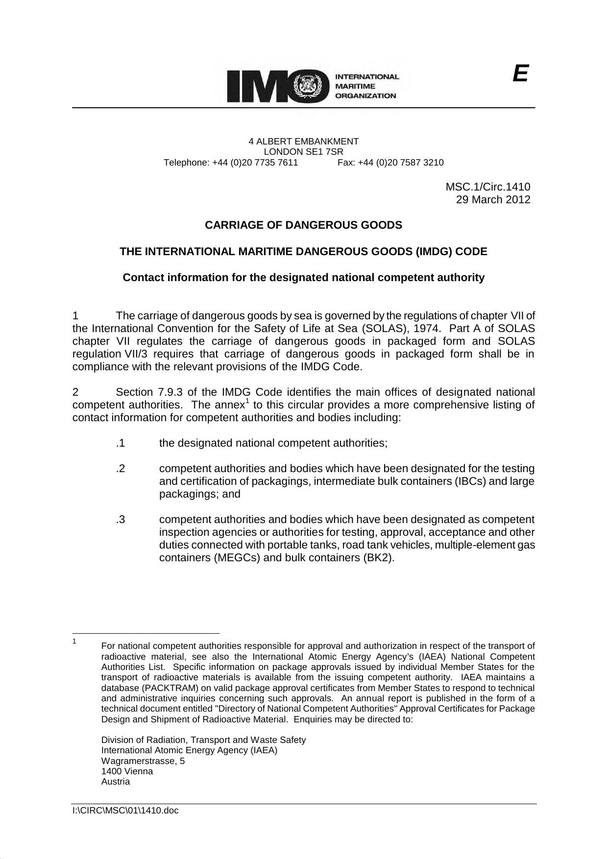 MSC.1Circ.1410 - Carriage of Dangerous Goods - The International Maritime Dangerous Goods (IMDG) Code - Contact information for the designated national competent authority by Redistributed by Regs4ships Ltd