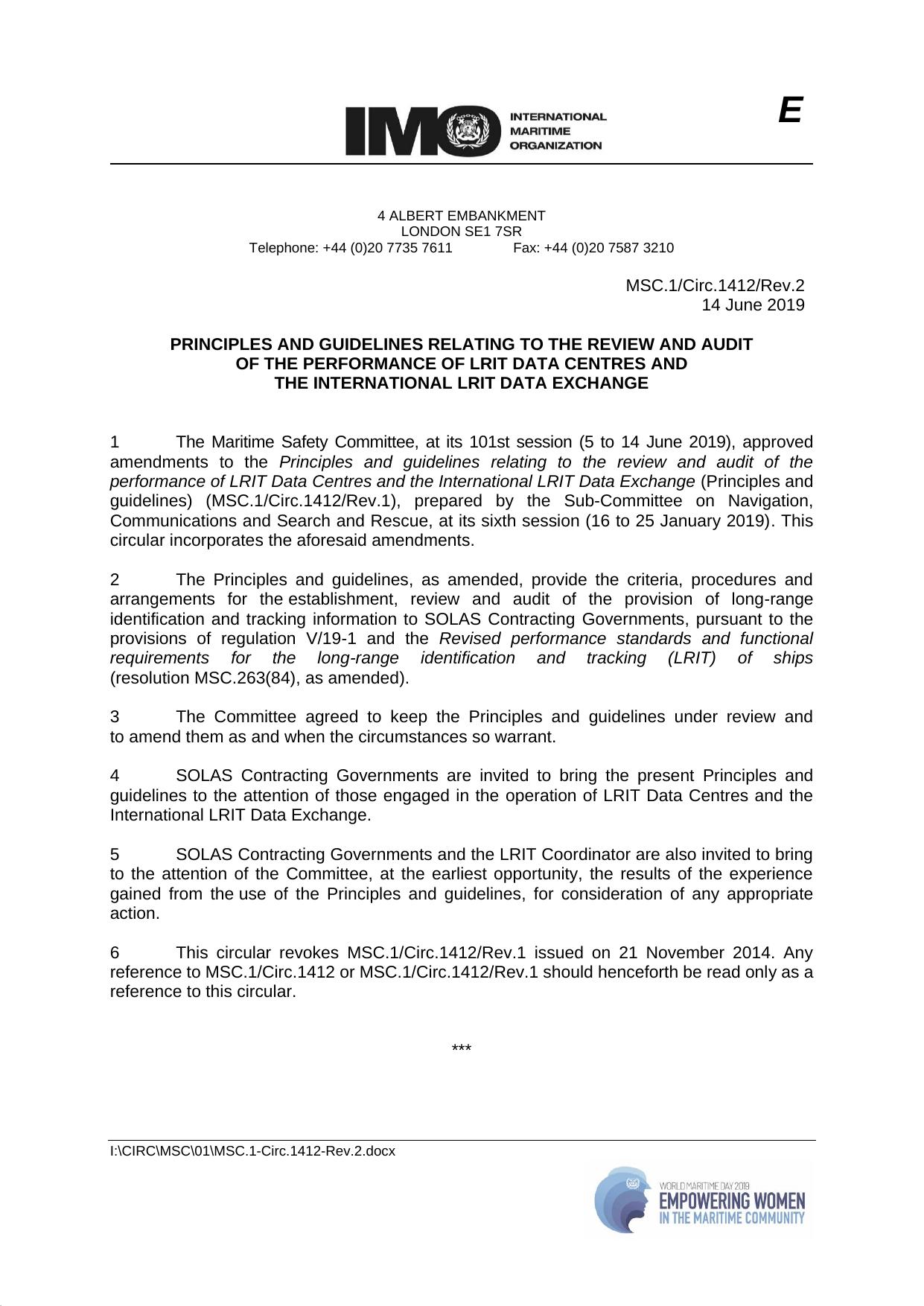 MSC.1Circ.1412Rev.2 - Principles and Guidelines Relating to the Review and Audit of the Performance of LRIT Data Centres and the International LRIT Data Exchange by N Kamel
