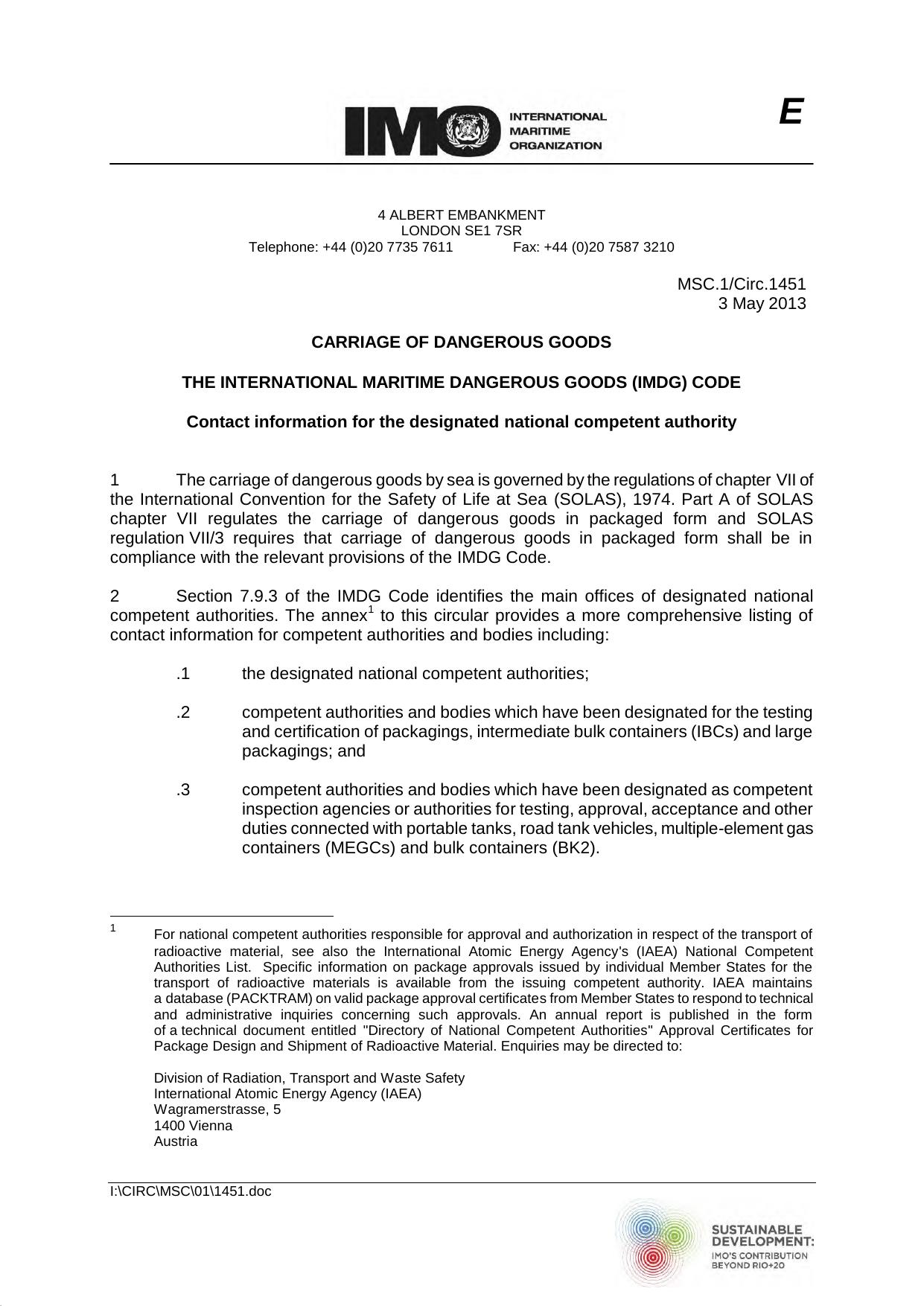 MSC.1Circ.1451 - Carriage of Dangerous Goods - The International Maritime Dangerous Goods (IMDG) Code - Contact Information for the Designated National Competent Authority by Redistributed by Regs4ships Ltd