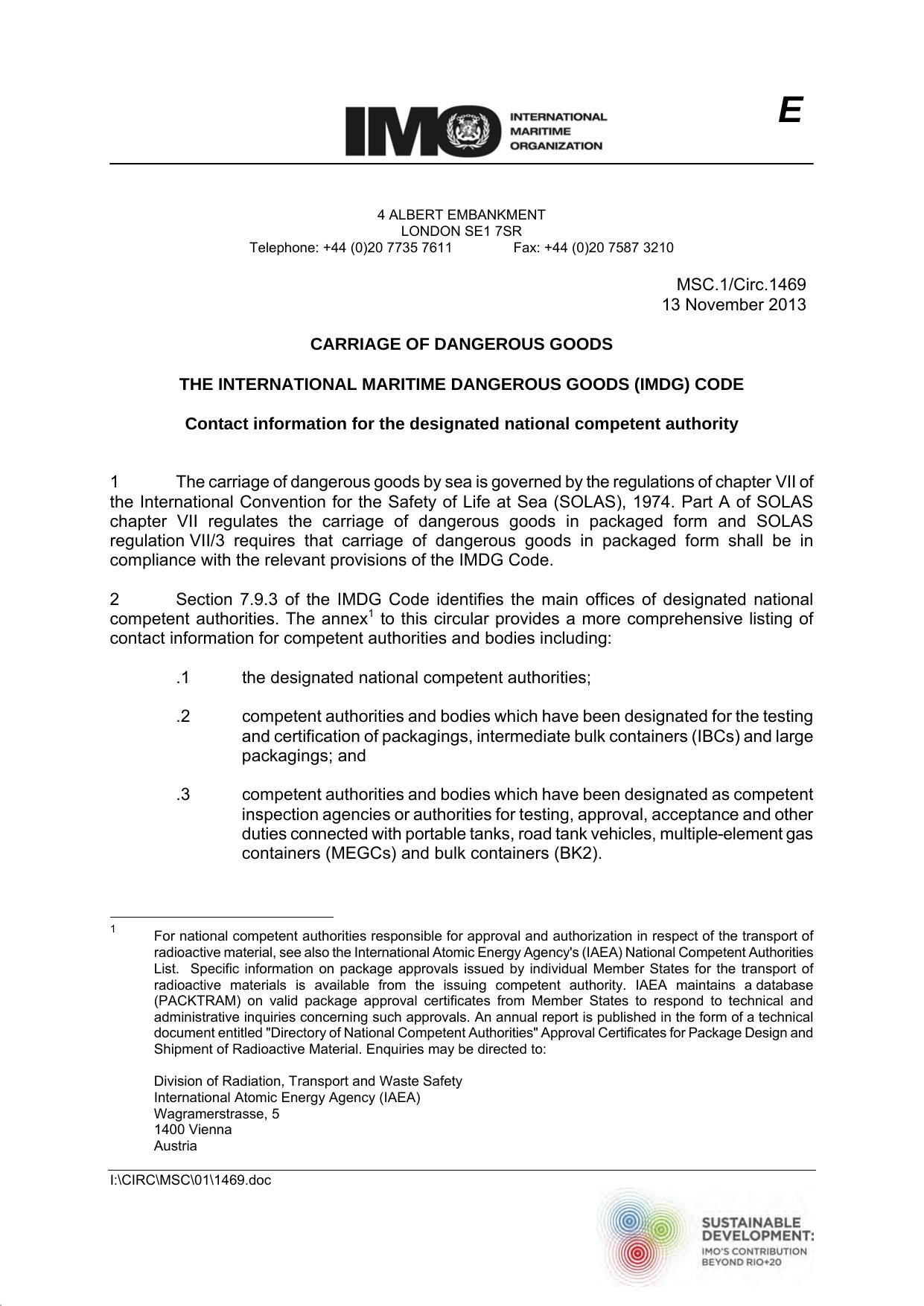 MSC.1Circ.1469 - Carriage of Dangerous Goods the International Maritime Dangerous Goods (IMDG) Code - Contact Information for the Designated National Competent Authority by Redistributed by Regs4ships Ltd