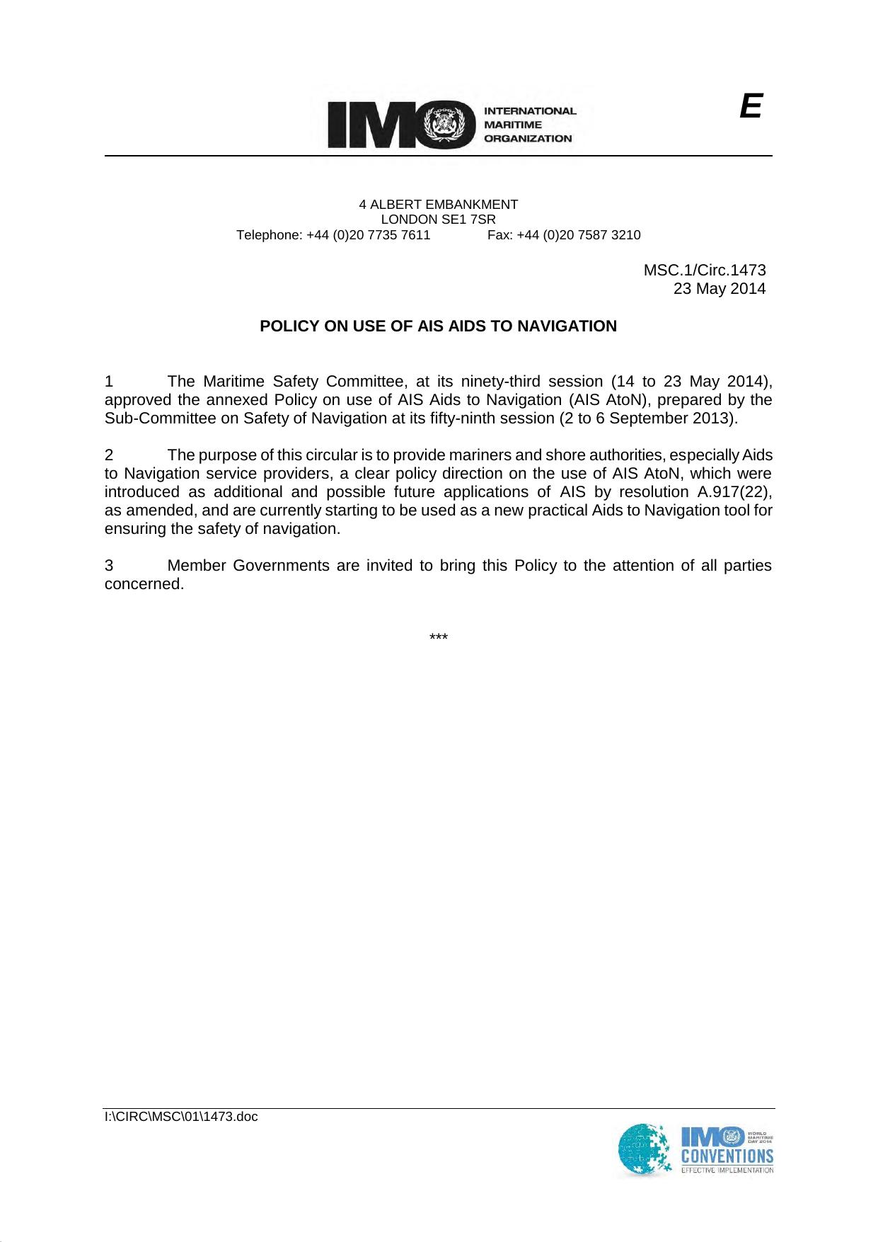 MSC.1Circ.1473 - Policy on Use of AIS Aids to Navigation by IMO