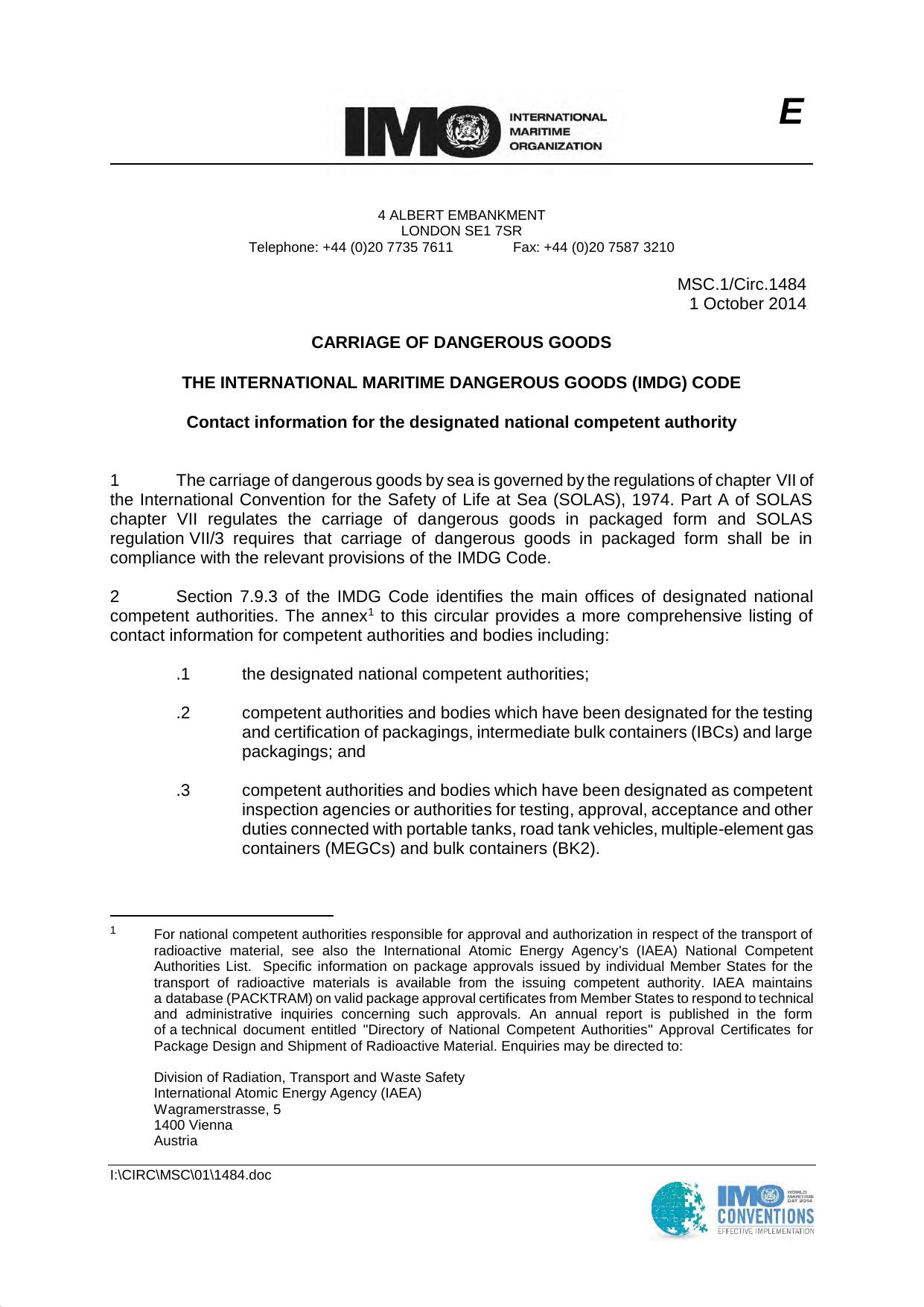 MSC.1Circ.1484 - Carriage of Dangerous Goods - The International Maritime Dangerous Goods (IMDG) Code - Contact Information for the Designated National Competent Authority by Lee-Ann Dell