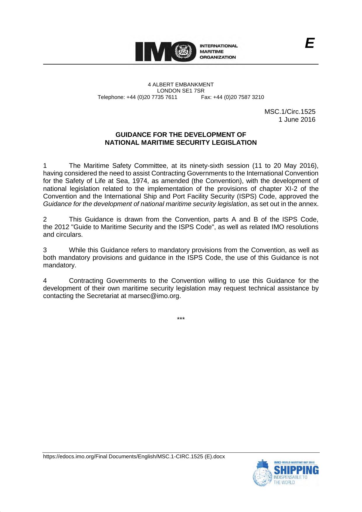 MSC.1Circ.1525 - Guidance for the Development of National Maritime Security Legislation by IMO