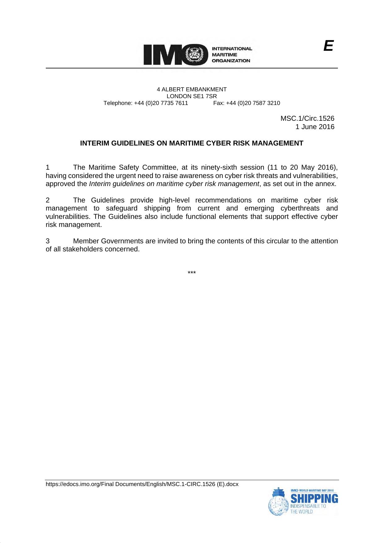 MSC.1Circ.1526 - Interim Guidelines on Maritime Cyber Risk Management by IMO