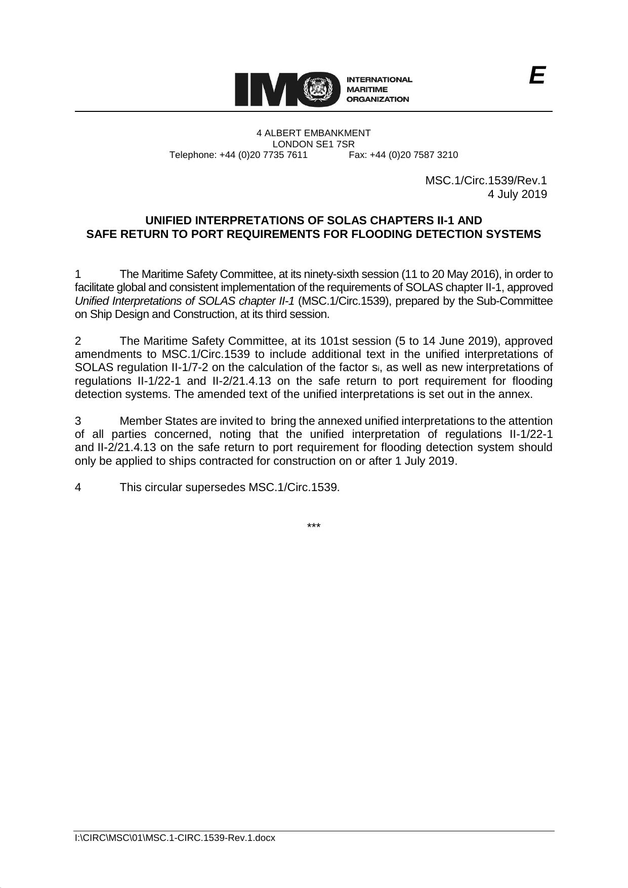MSC.1Circ.1539Rev.1 - Unified Interpretations of SOLAS Chapters II-1 and Safe Return to Port Requirements for Flooding Detection Systems by Sascha Pristrom