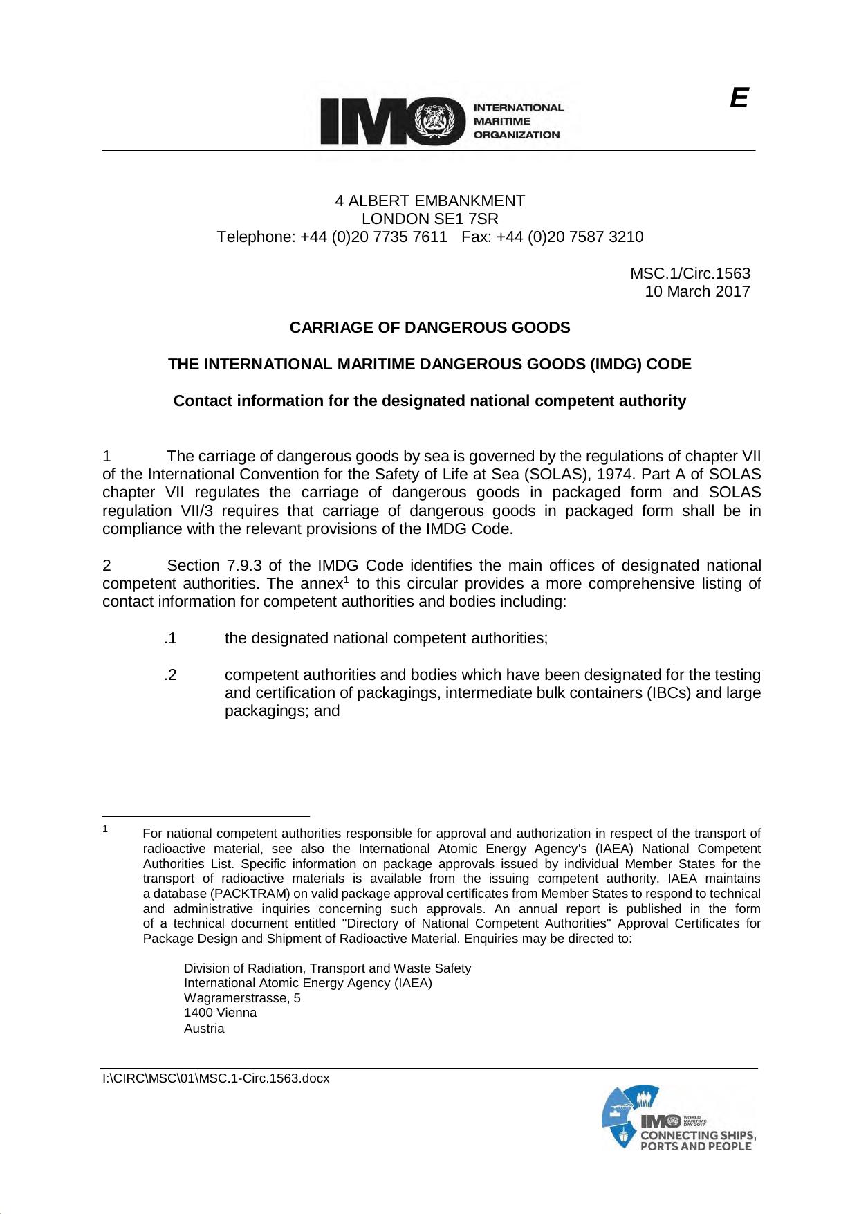 MSC.1Circ.1563 - Carriage of Dangerous Goods - The International Maritime Dangerous Goods (IMDG) Code - Contact Information for the Designated National Competent Authority by Lee-Ann Dell