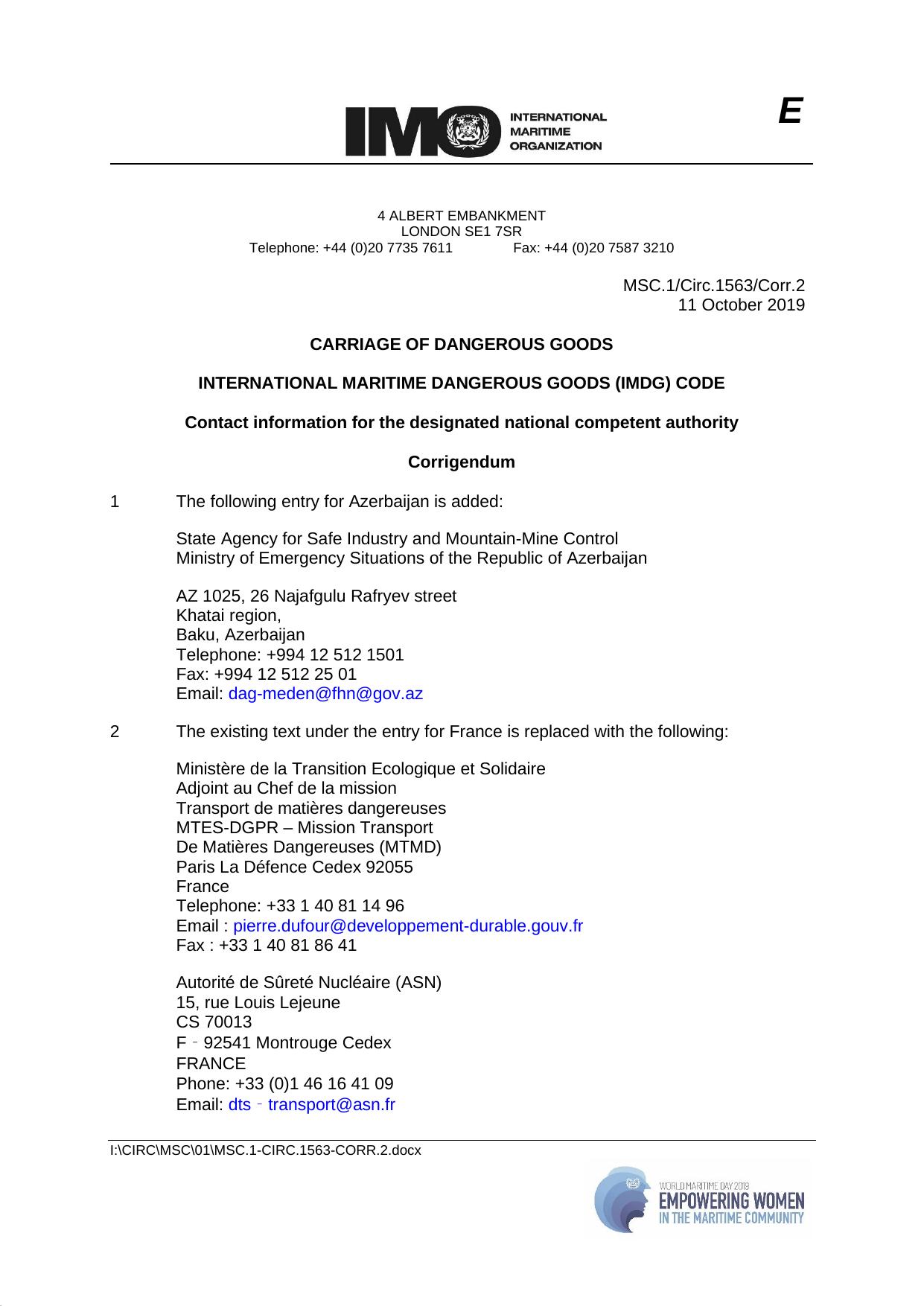 MSC.1Circ.1563Corr.2 - Carriage of Dangerous Goods - The International Maritime Dangerous Goods (IMDG) Code - Contact Information for the Designated National Competent Authority - Corrigendum by Susan Stiles