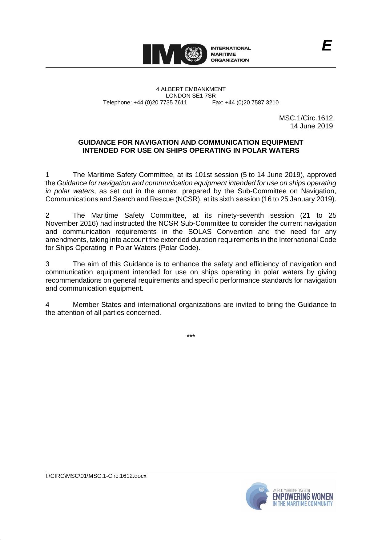 MSC.1Circ.1612 Ã¢ÂÂ Guidance for Navigation and Communication Equipment Intended for Use on Ships Operating in Polar Waters by N Kamel