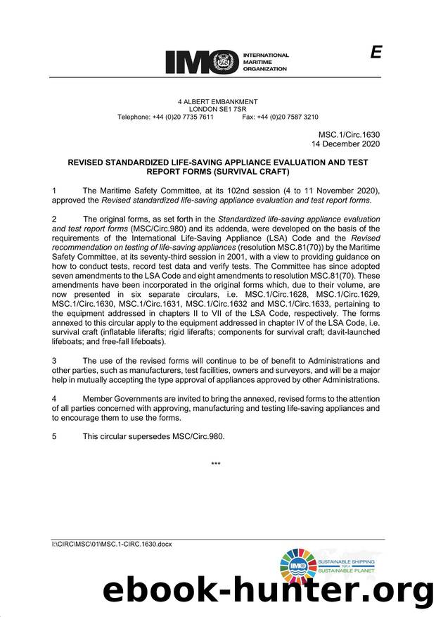 MSC.1Circ.1630 - Revised Standardized Life-Saving Appliance Evaluation and Test Report Forms (Survival Craft) by Redistributed by Regs4ships Ltd