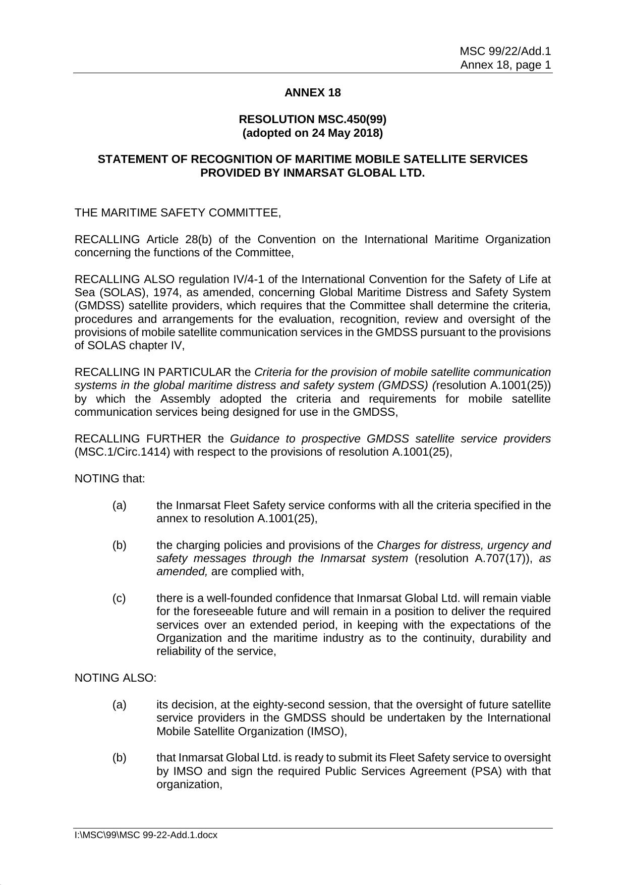 MSC.450(99) - Statement of Recognition of Maritime Mobile Satellite Services Provided by Inmarsat Global Ltd by Redistributed by Regs4ships Ltd