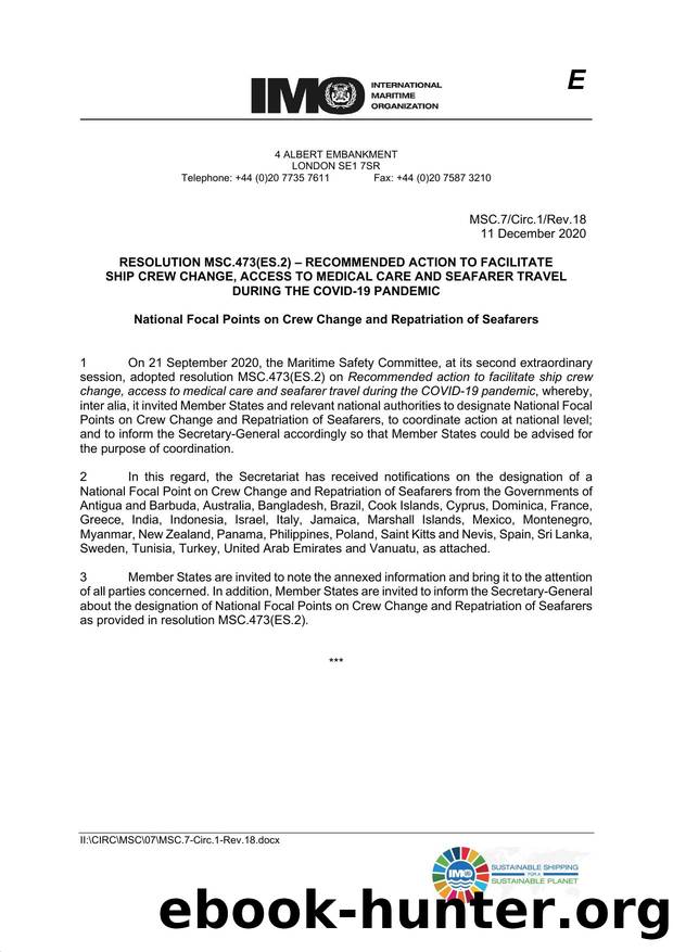 MSC.7Circ.1Rev.18 - Resolution MSC.473(ES.2) - Recommended Action to Facilitate Crew Change, Access to Medical Care and Seafarer Travel during the COVID-19 Pandemic: National Focal by IMO